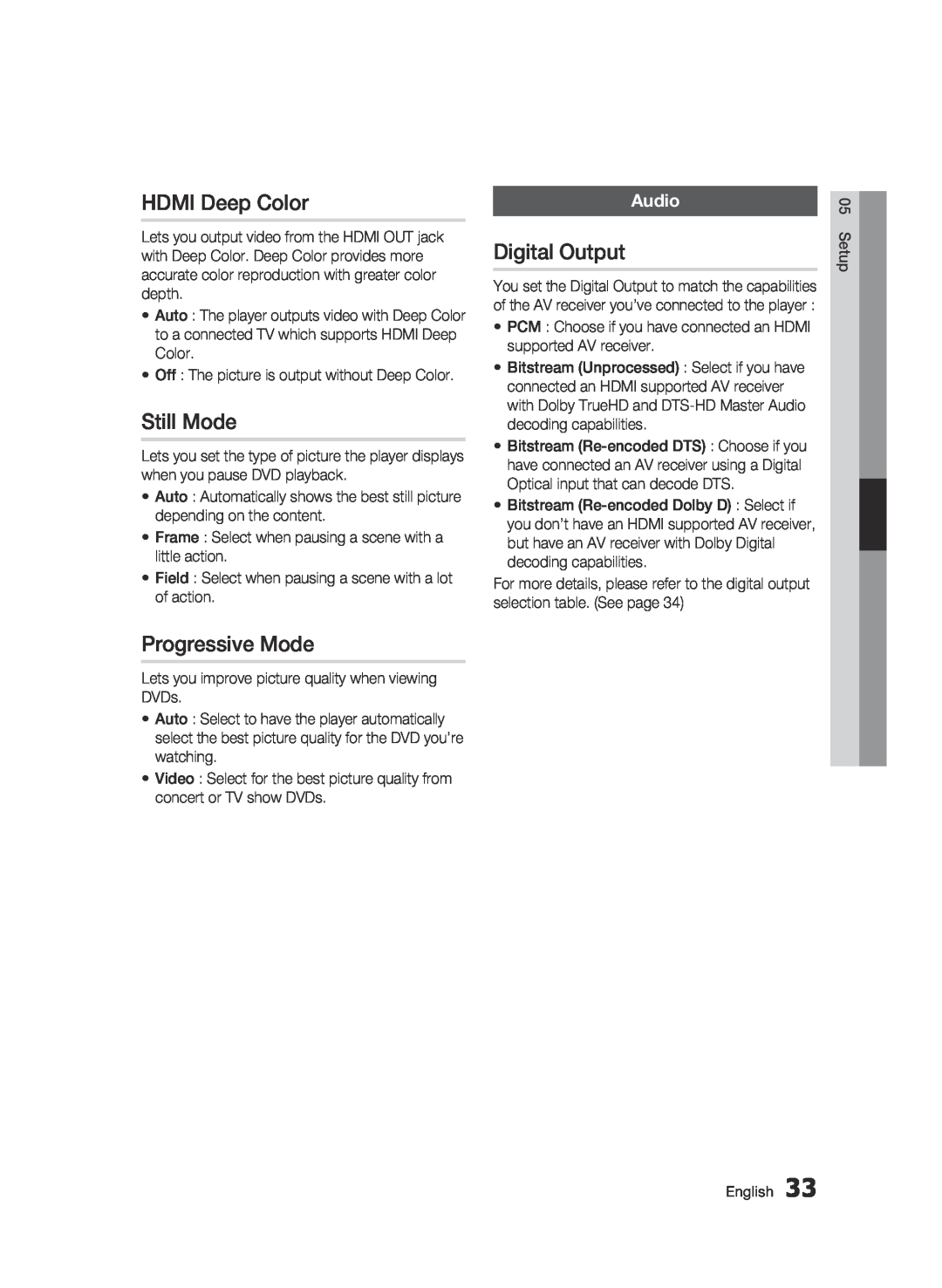 Samsung BD-D6500 user manual HDMI Deep Color, Still Mode, Progressive Mode, Digital Output, Audio 