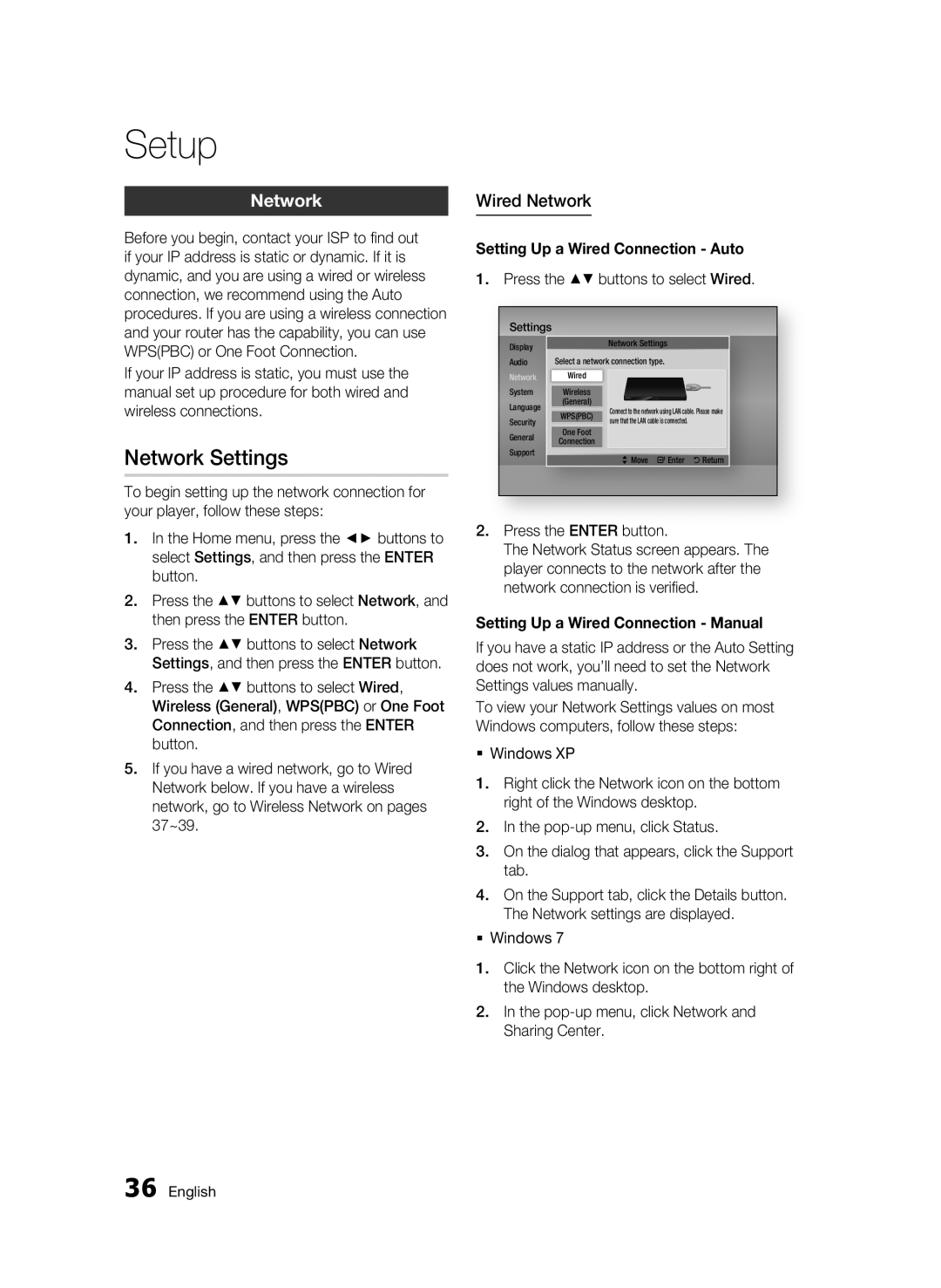 Samsung BD-D6500 user manual Network Settings, Wired Network, Setting Up a Wired Connection - Auto, Setup 