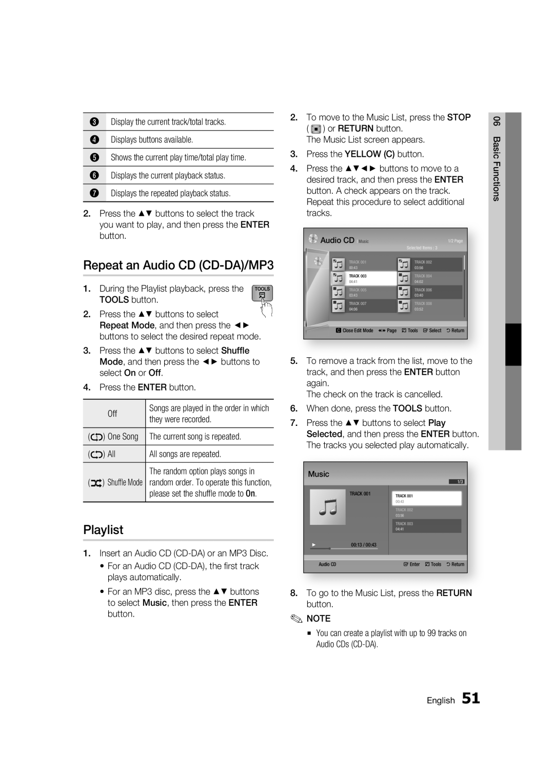 Samsung BD-D6500 user manual Repeat an Audio CD CD-DA/MP3, Playlist, Audio CD Music 