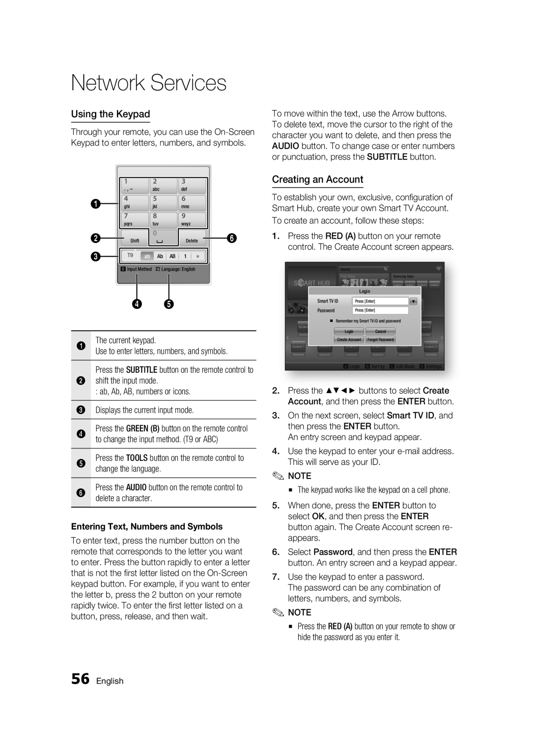 Samsung BD-D6500 user manual Network Services, Using the Keypad, Creating an Account, Entering Text, Numbers and Symbols 