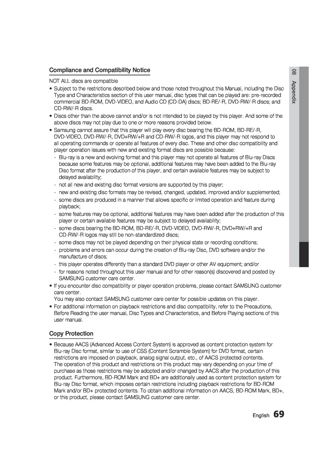 Samsung BD-D6500 user manual Compliance and Compatibility Notice, Copy Protection 