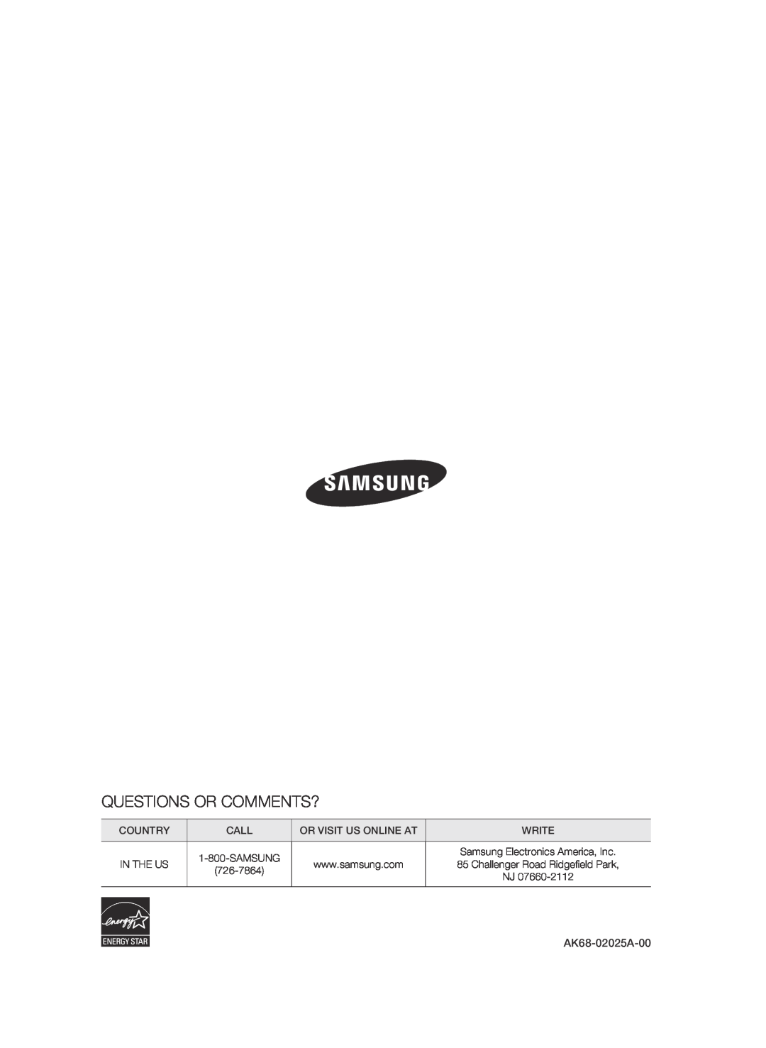 Samsung BD-D6500 user manual Questions Or Comments?, Country, In The Us, AK68-02025A-00 
