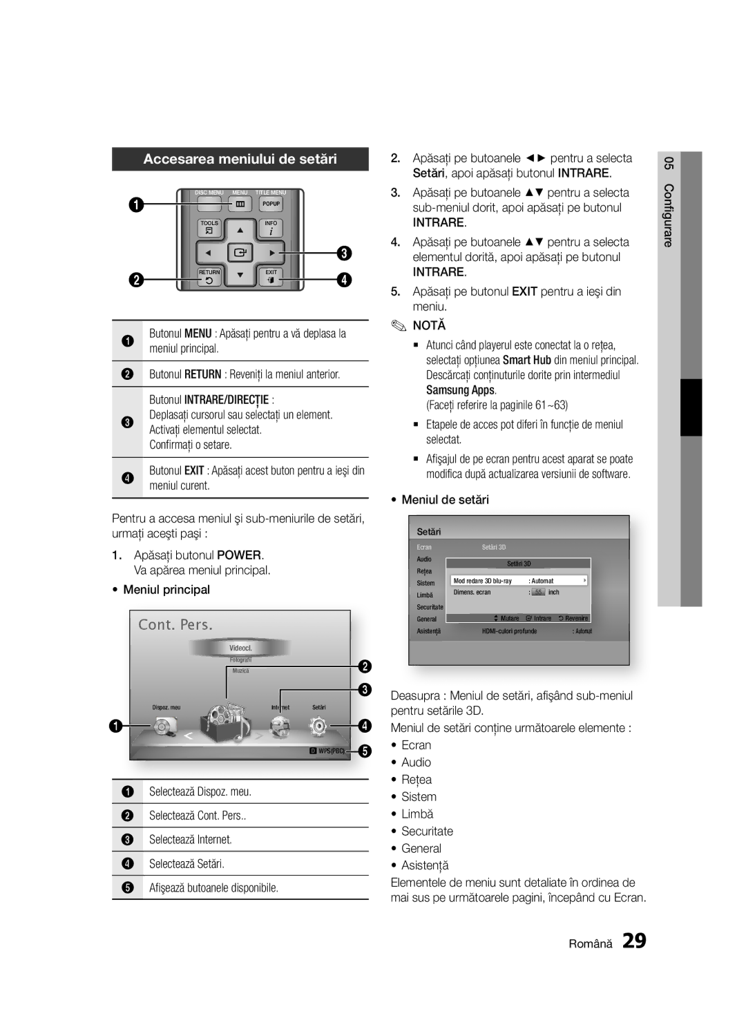 Samsung BD-D6500/EN Accesarea meniului de setări, Butonul INTRARE/DIRECŢIE, Activaţi elementul selectat, Meniul de setări 