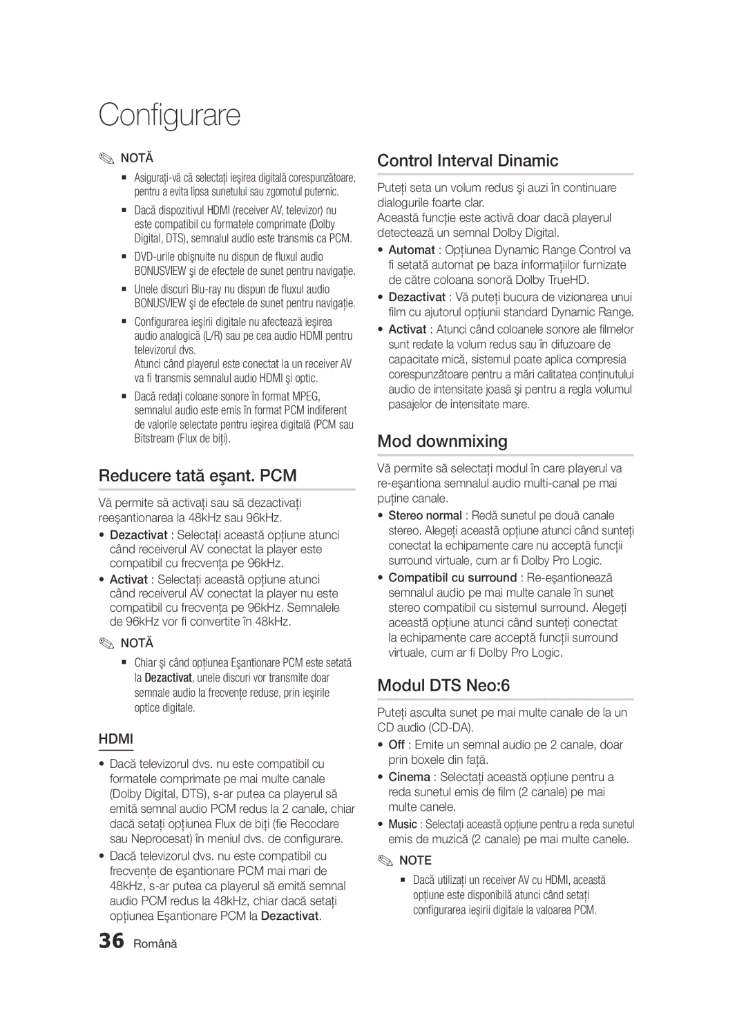 Samsung BD-D6500/EN manual Reducere tată eşant. PCM, Control Interval Dinamic, Mod downmixing, Modul DTS Neo6 