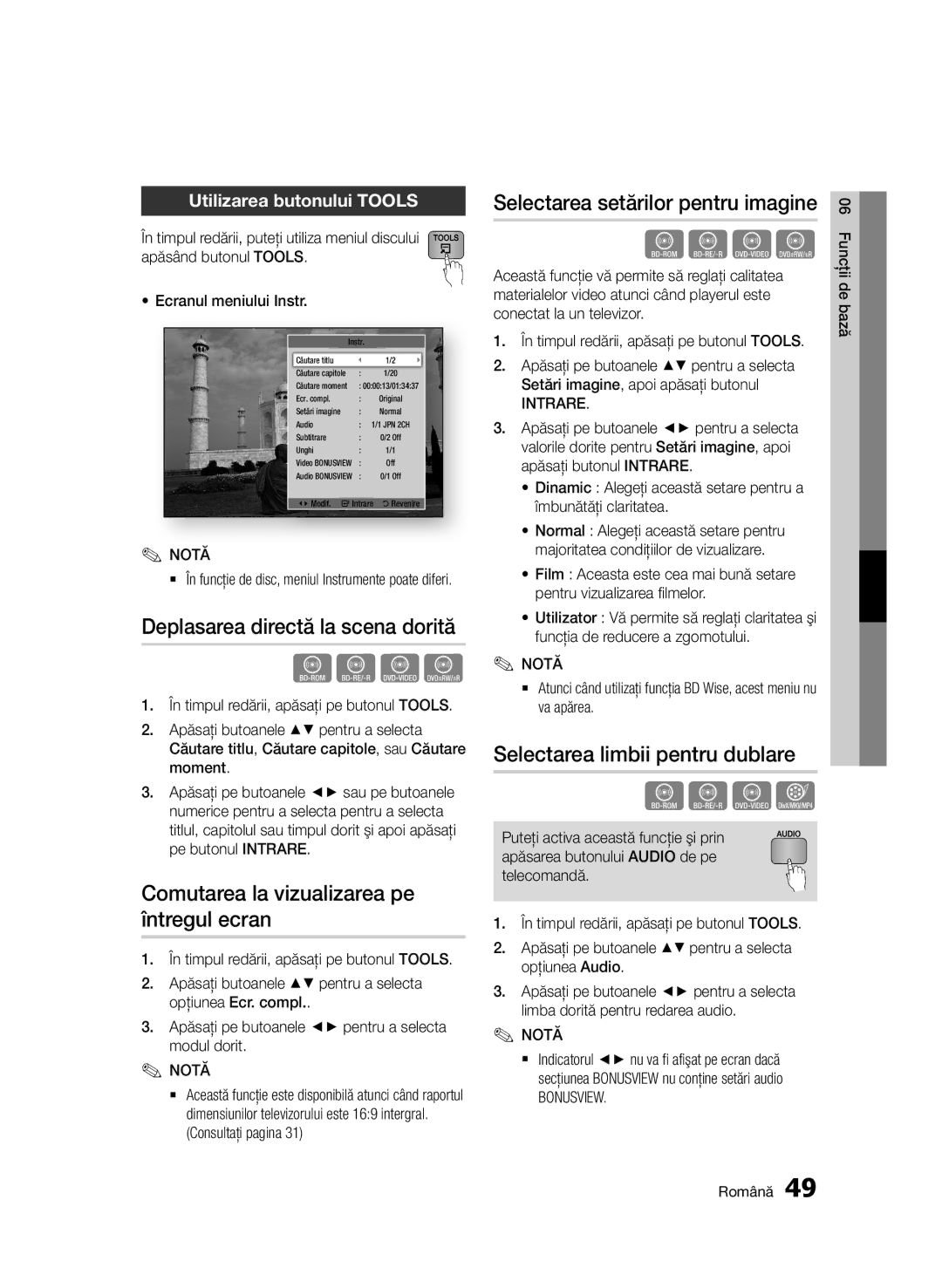 Samsung BD-D6500/EN manual Deplasarea directă la scena dorită, Comutarea la vizualizarea pe întregul ecran 