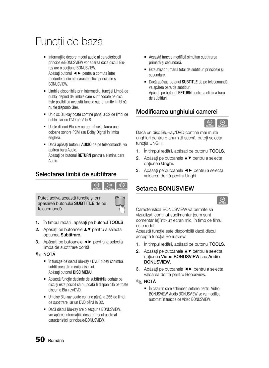 Samsung BD-D6500/EN manual Selectarea limbii de subtitrare, Modificarea unghiului camerei, Setarea Bonusview 