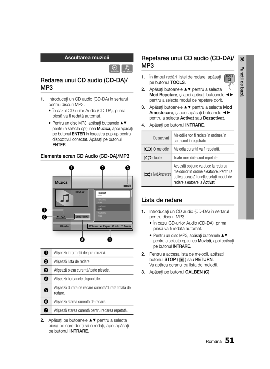 Samsung BD-D6500/EN manual Redarea unui CD audio CD-DA/ MP3, Repetarea unui CD audio CD-DA/ MP3, Lista de redare 