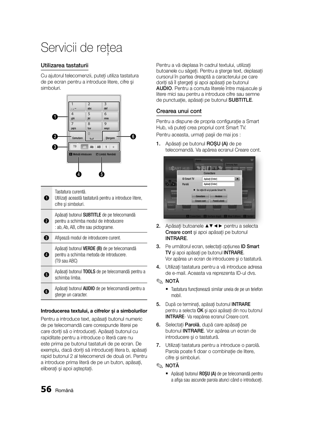 Samsung BD-D6500/EN Utilizarea tastaturii, Crearea unui, Vor apărea un ecran de introducere şi o tastatură, T9 sau ABC 