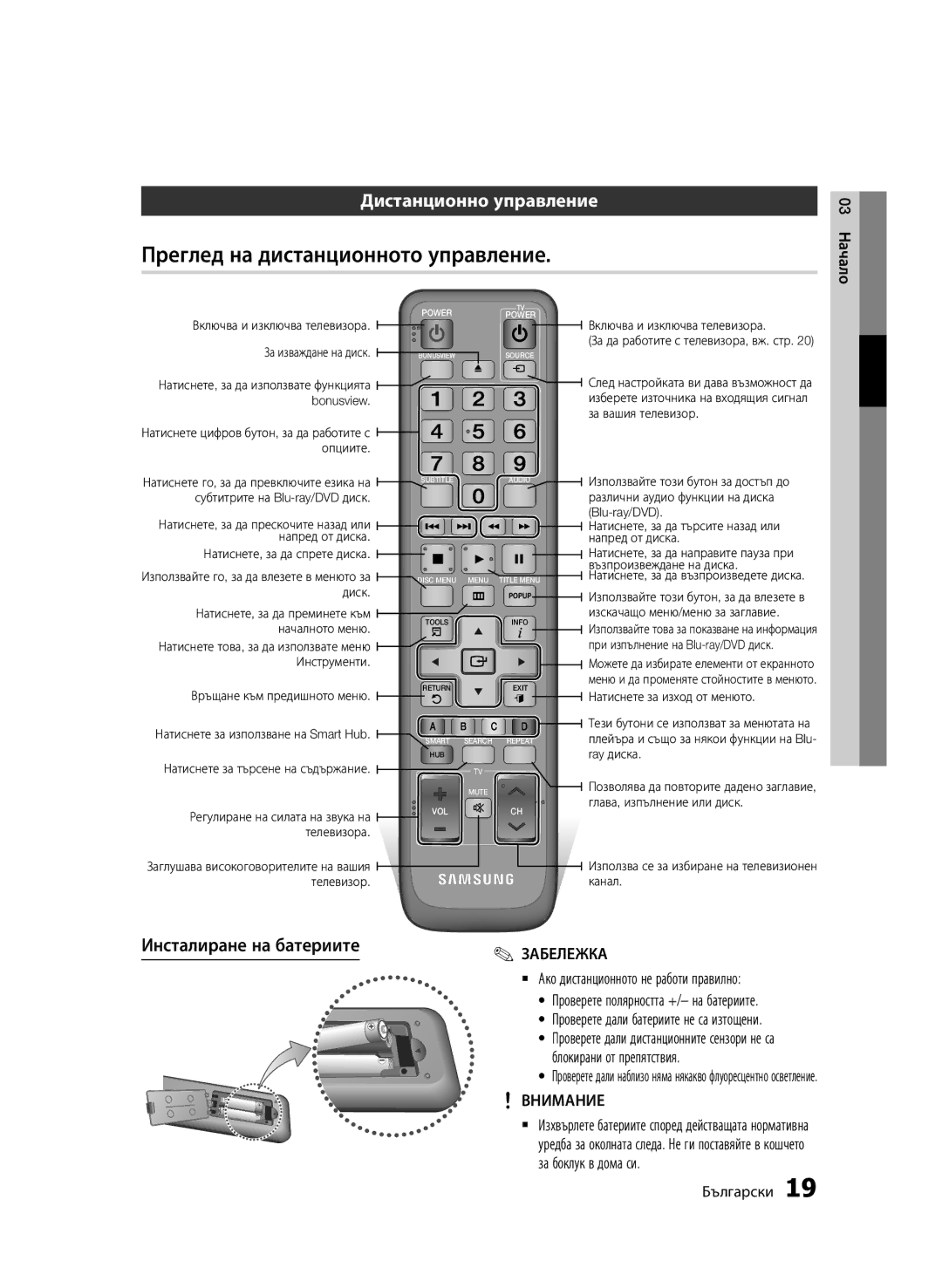 Samsung BD-D6500/EN manual Преглед на дистанционното управление, Дистанционно управление, Инсталиране на батериите 