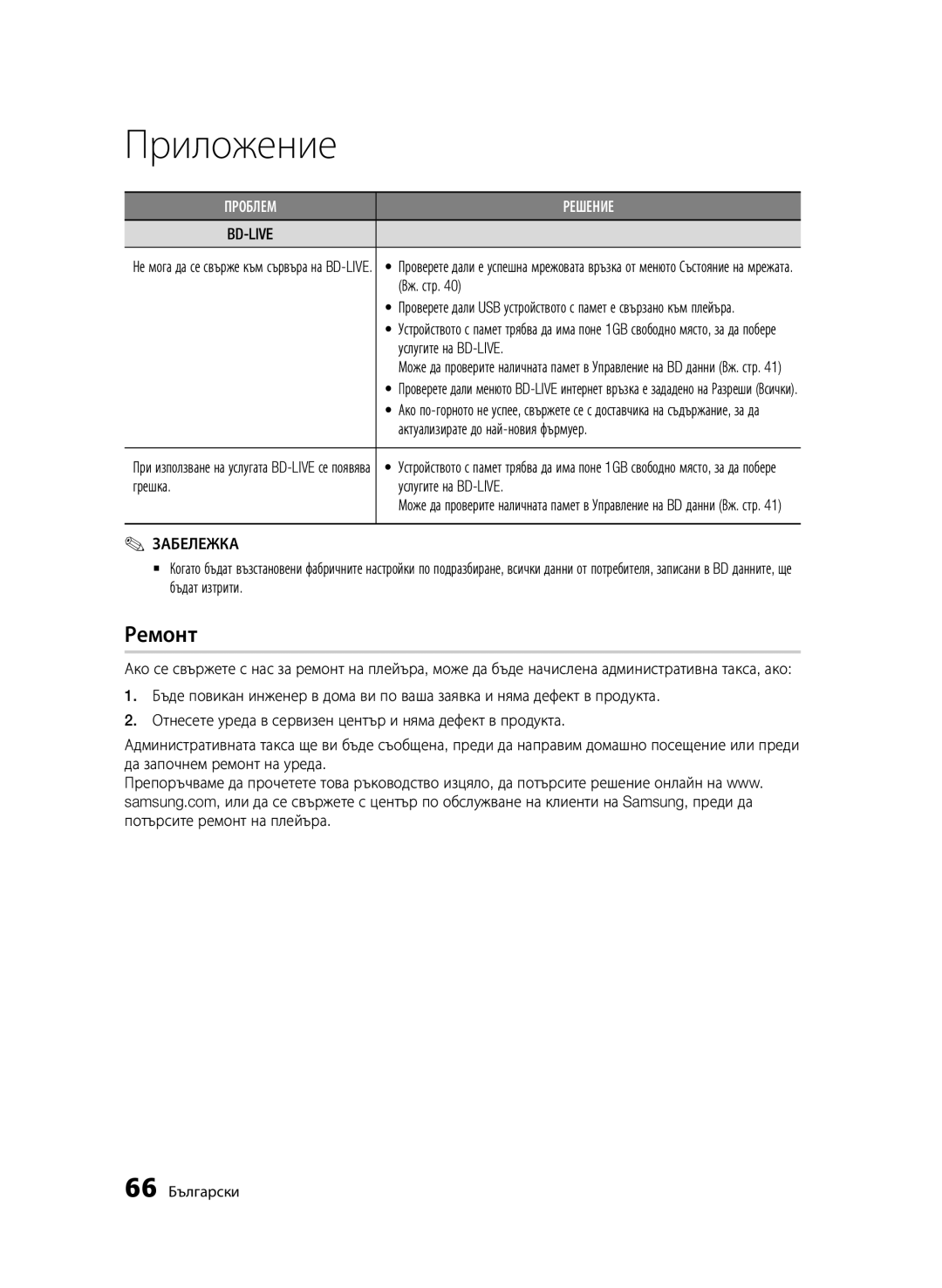 Samsung BD-D6500/EN manual Ремонт, Вж. стр, Актуализирате до най-новия фърмуер, Грешка Услугите на BD-LIVE 