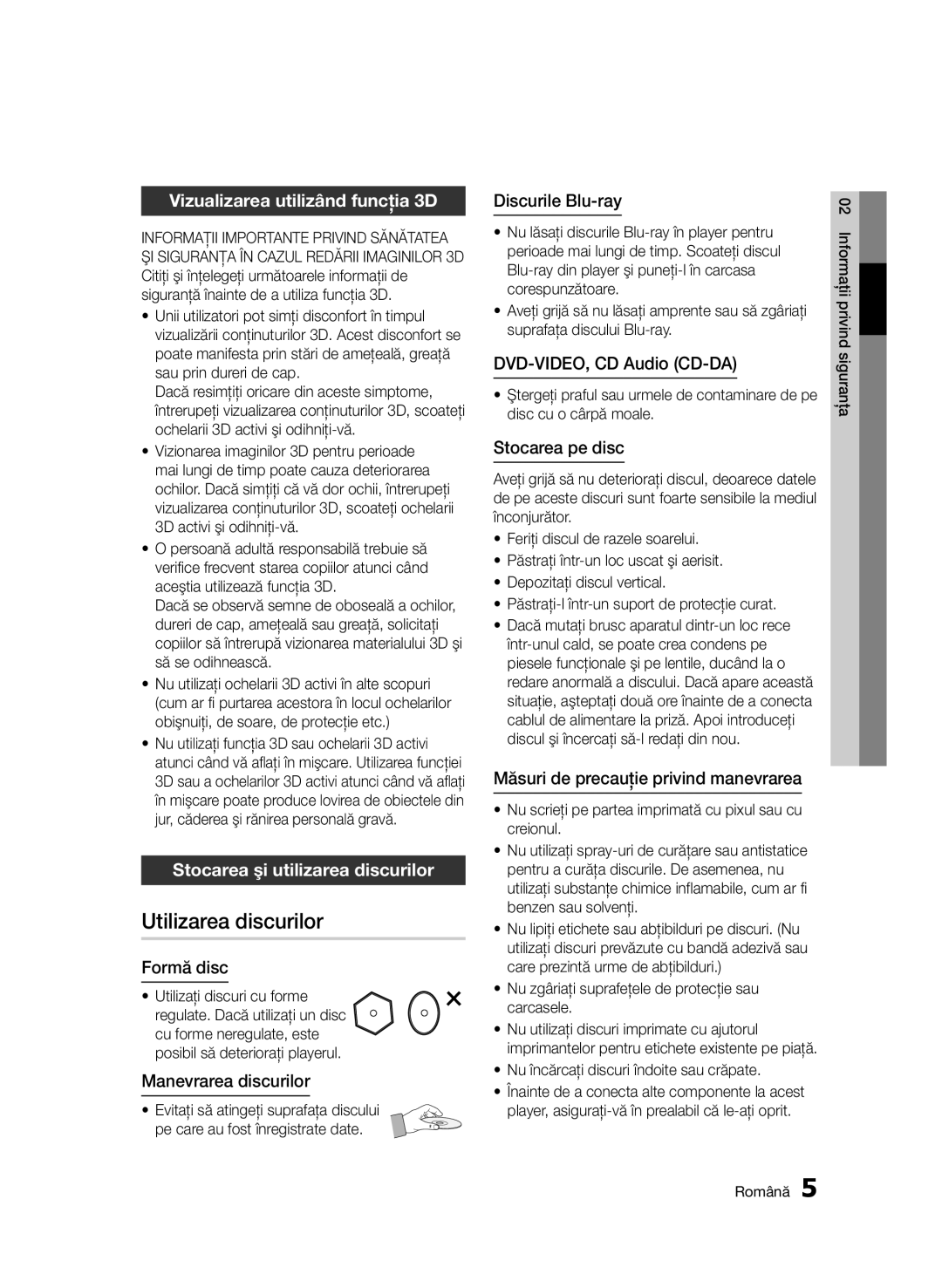 Samsung BD-D6500/EN manual Utilizarea discurilor, Vizualizarea utilizând funcţia 3D, Stocarea şi utilizarea discurilor 