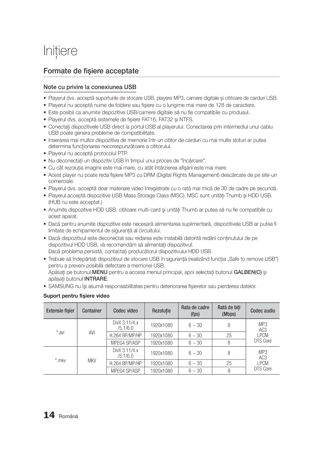 Samsung BD-D6500/EN manual Formate de fişiere acceptate, Suport pentru fişiere video 