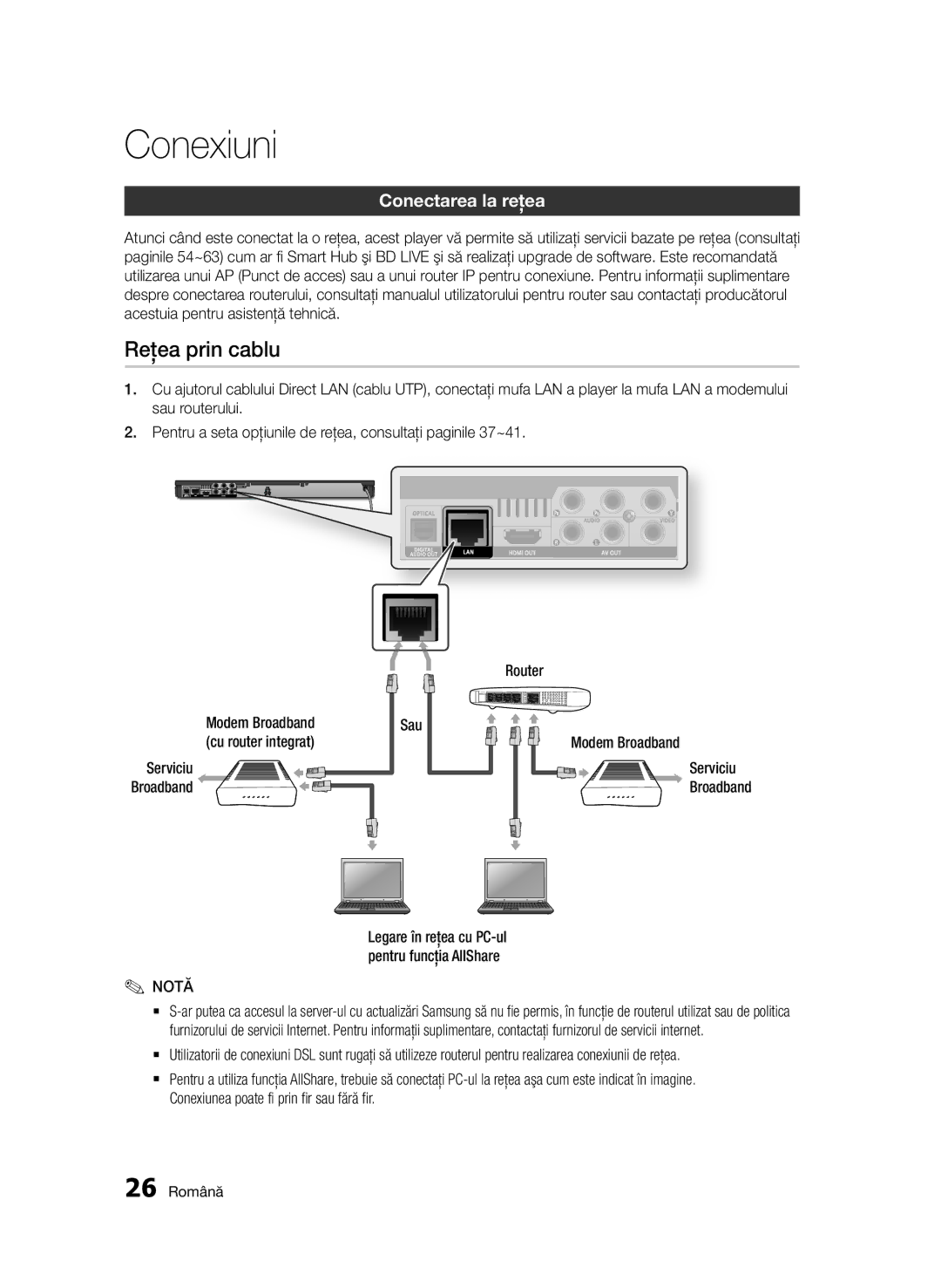 Samsung BD-D6500/EN manual Reţea prin cablu, Conectarea la reţea 