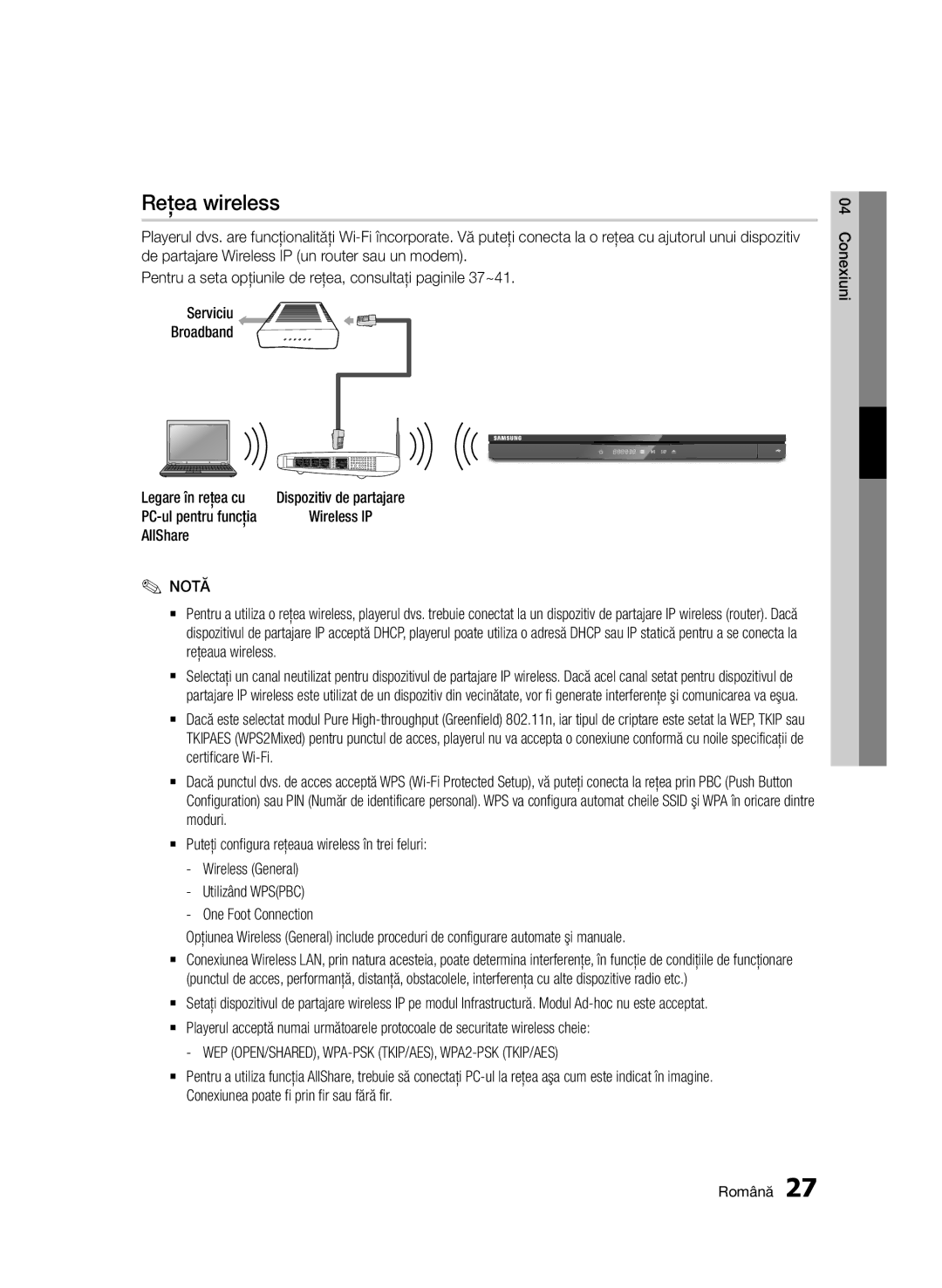 Samsung BD-D6500/EN manual Reţea wireless, Legare în reţea cu, AllShare, PC-ul pentru funcţia 