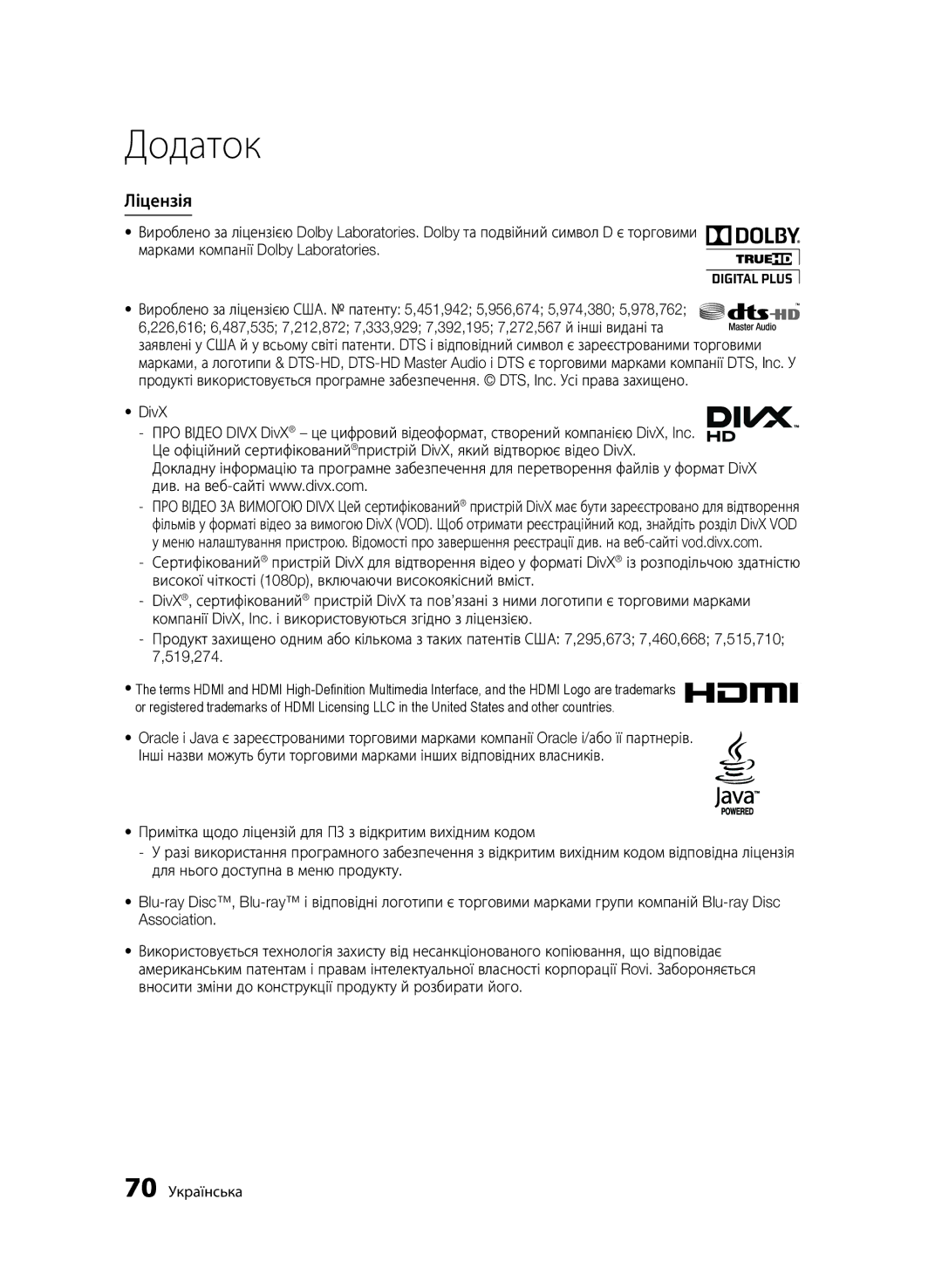 Samsung BD-D6500/RU manual Ліцензія, DivX 