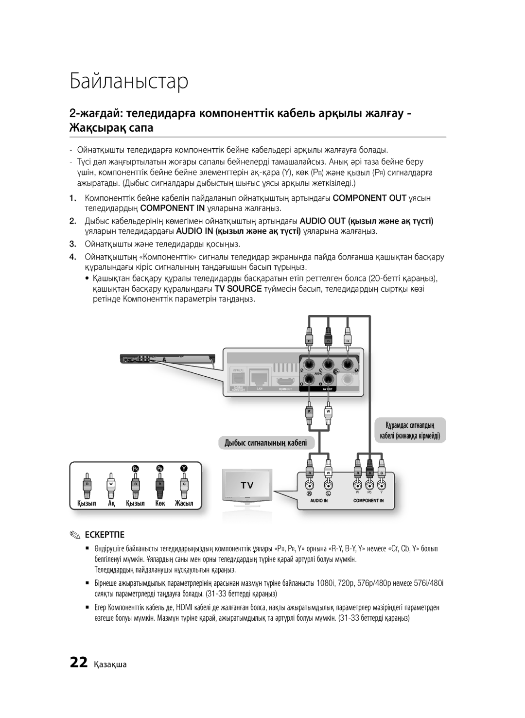 Samsung BD-D6500/RU manual Теледидардың пайдаланушы нұсқаулығын қараңыз, 22 Қазақша, Қызыл Ақ Қызыл Көк Жасыл 