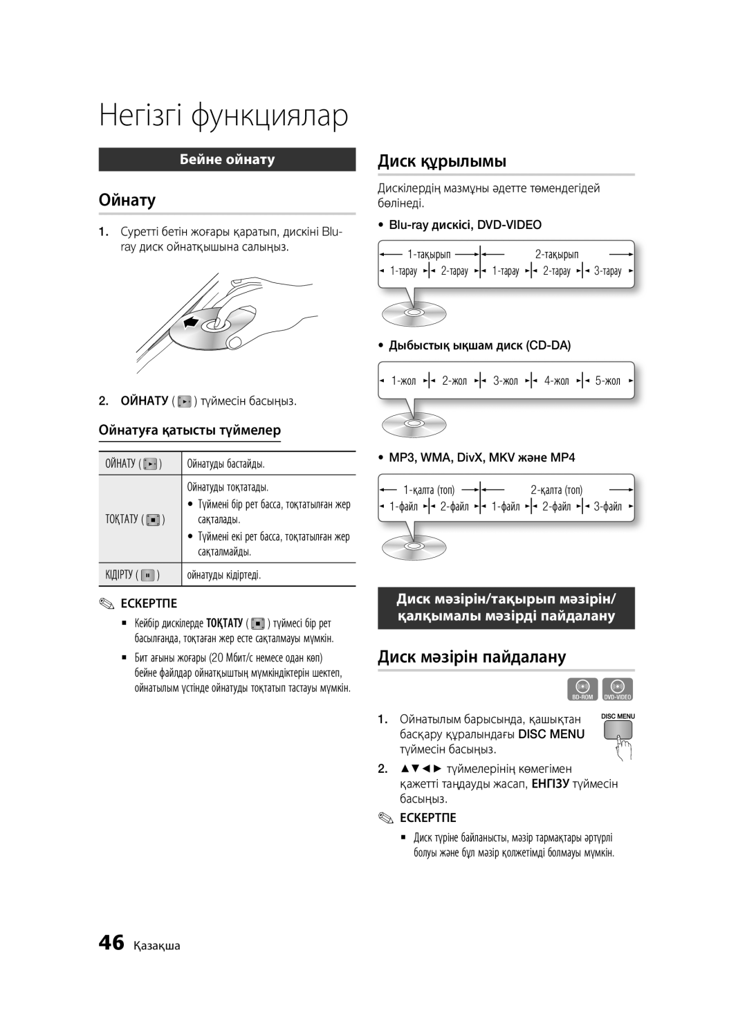 Samsung BD-D6500/RU manual Ойнату, Диск құрылымы, Диск мәзірін пайдалану, Бейне ойнату 