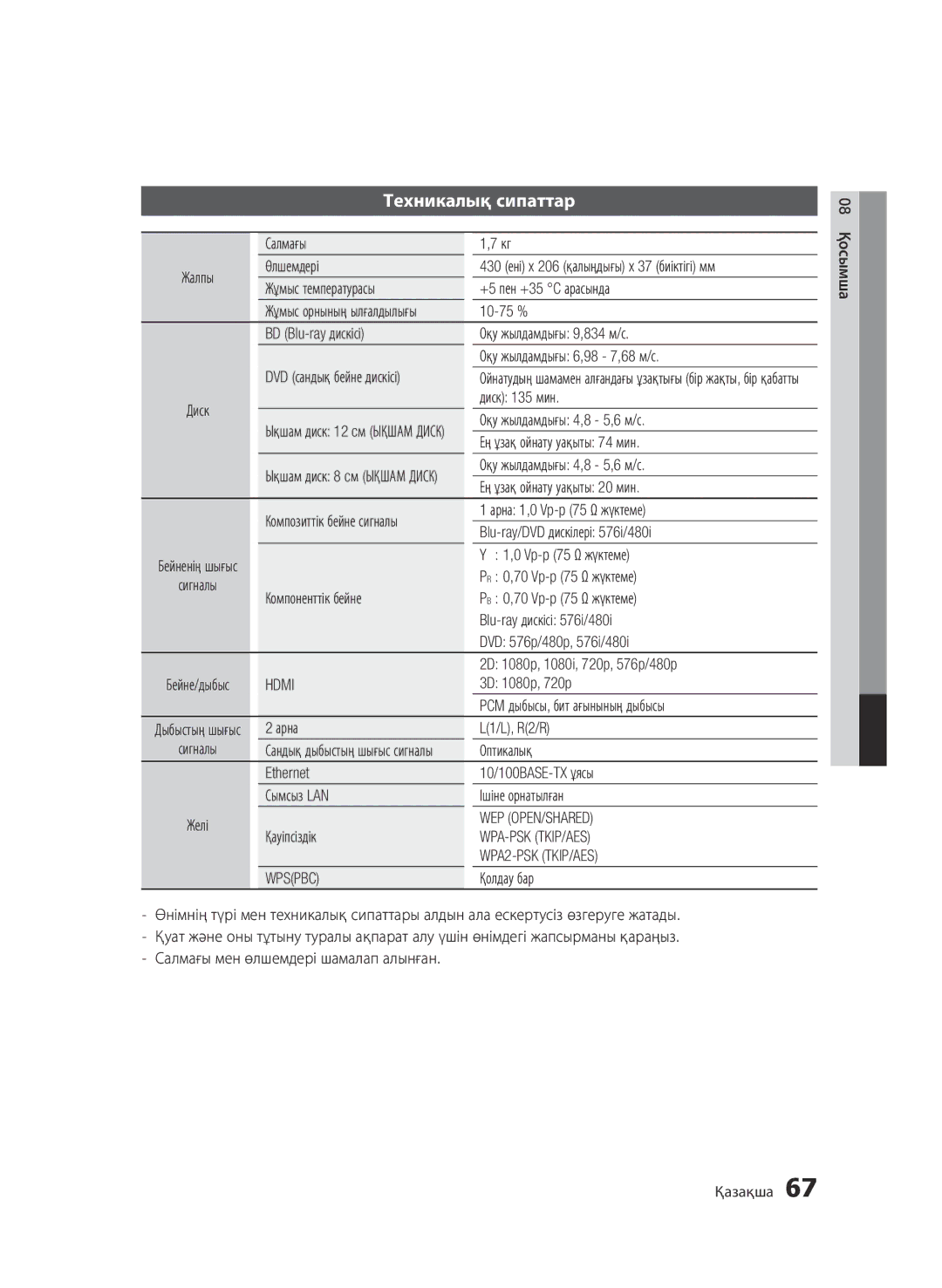 Samsung BD-D6500/RU manual Техникалық сипаттар 