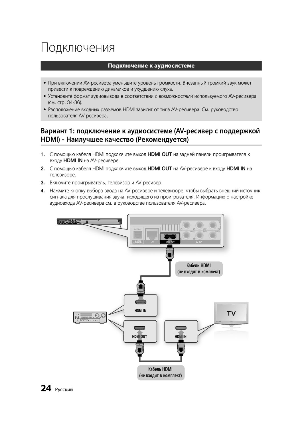 Samsung BD-D6500/RU manual Подключение к аудиосистеме, Кабель Hdmi Не входит в комплект, 24 Русский 