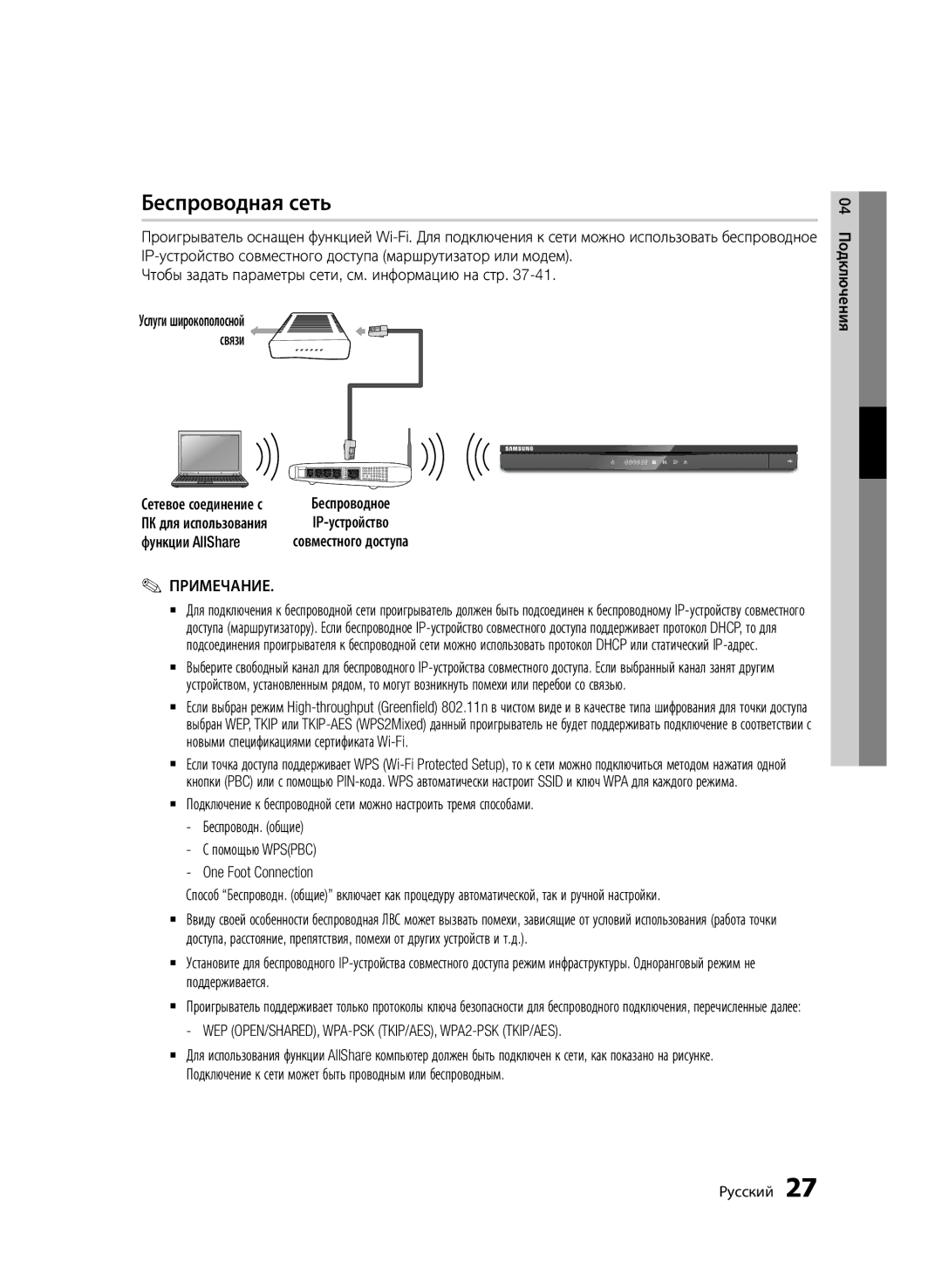 Samsung BD-D6500/RU manual Беспроводная сеть 