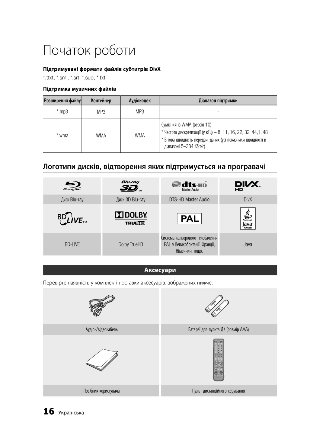 Samsung BD-D6500/RU manual Аксесуари, Підтримувані формати файлів субтитрів DivX, Підтримка музичних файлів 