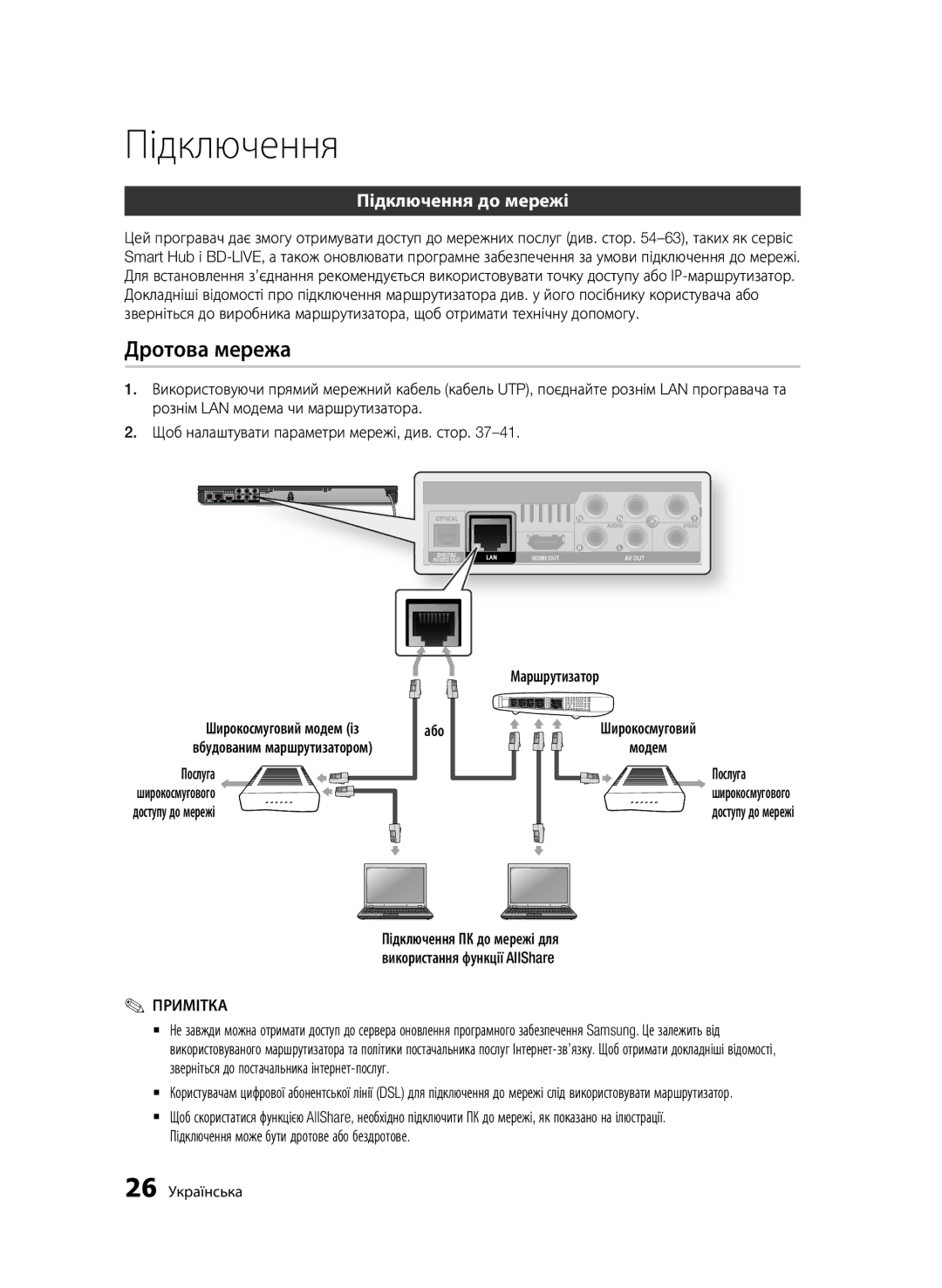 Samsung BD-D6500/RU Дротова мережа, Підключення до мережі, Або, Послуга, Підключення може бути дротове або бездротове 