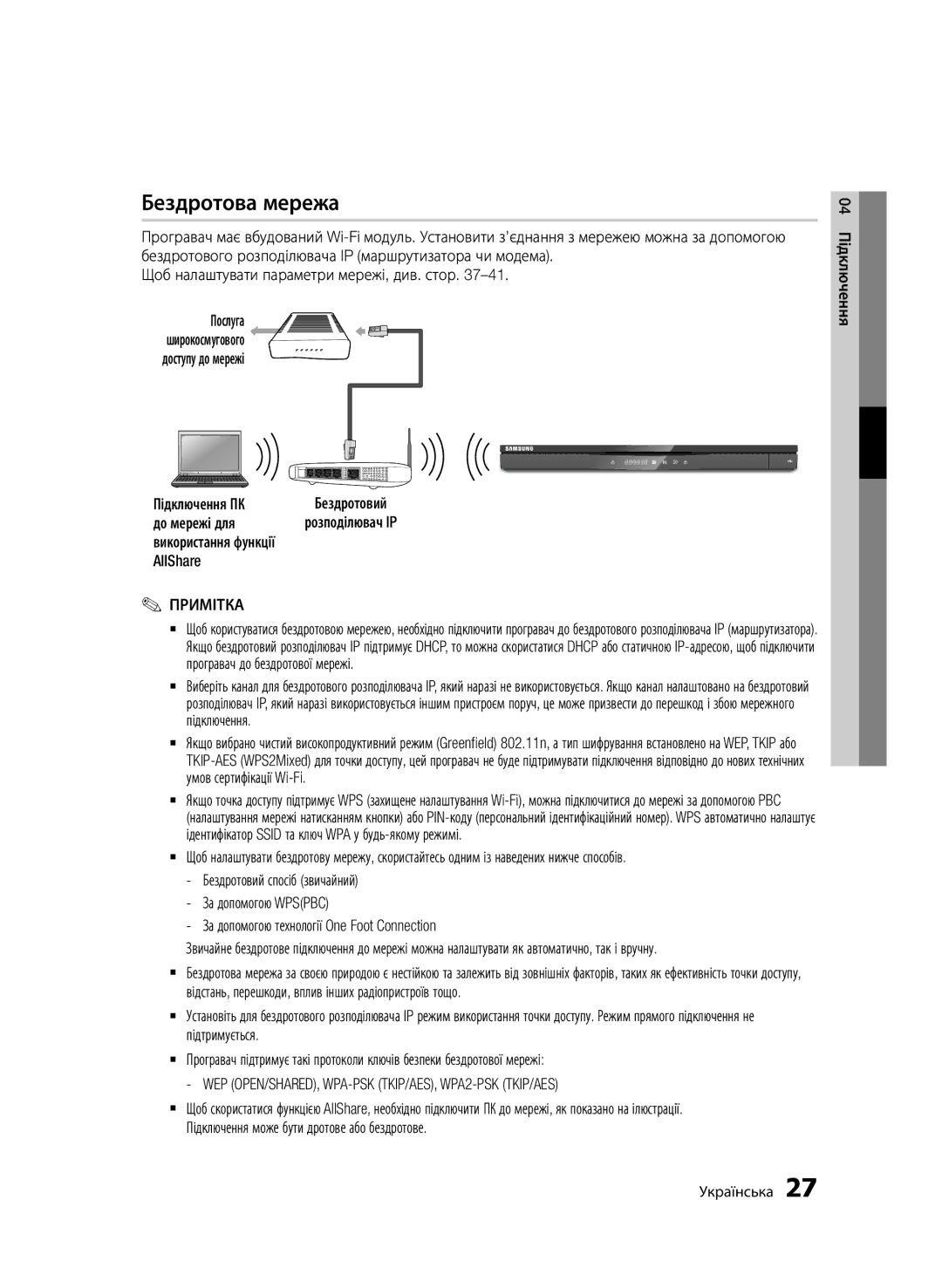 Samsung BD-D6500/RU manual Бездротова мережа, WEP OPEN/SHARED, WPA-PSK TKIP/AES, WPA2-PSK TKIP/AES 