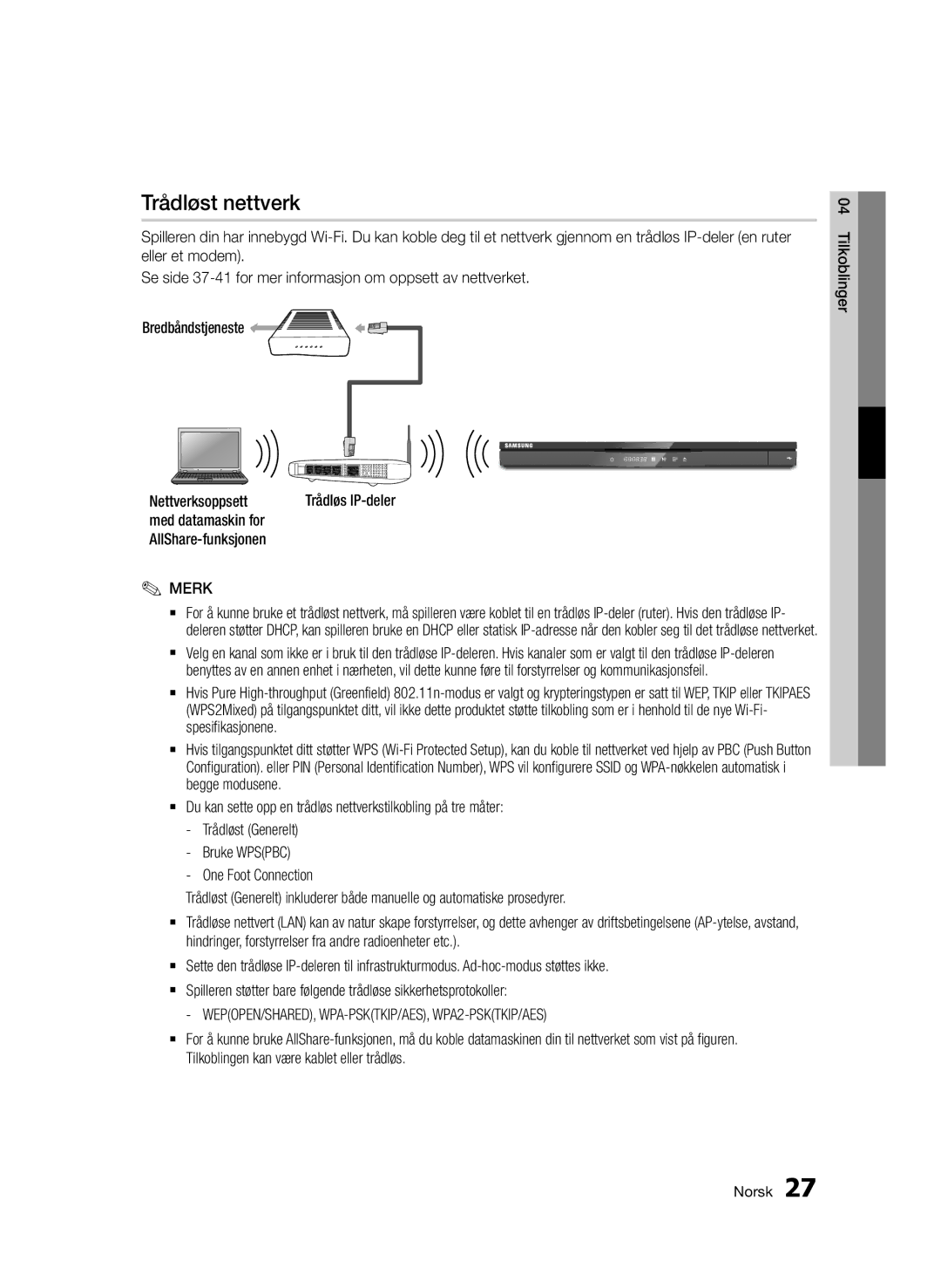 Samsung BD-D6500/XE manual Trådløst nettverk, WEPOPEN/SHARED, WPA-PSKTKIP/AES, WPA2-PSKTKIP/AES, Begge modusene 