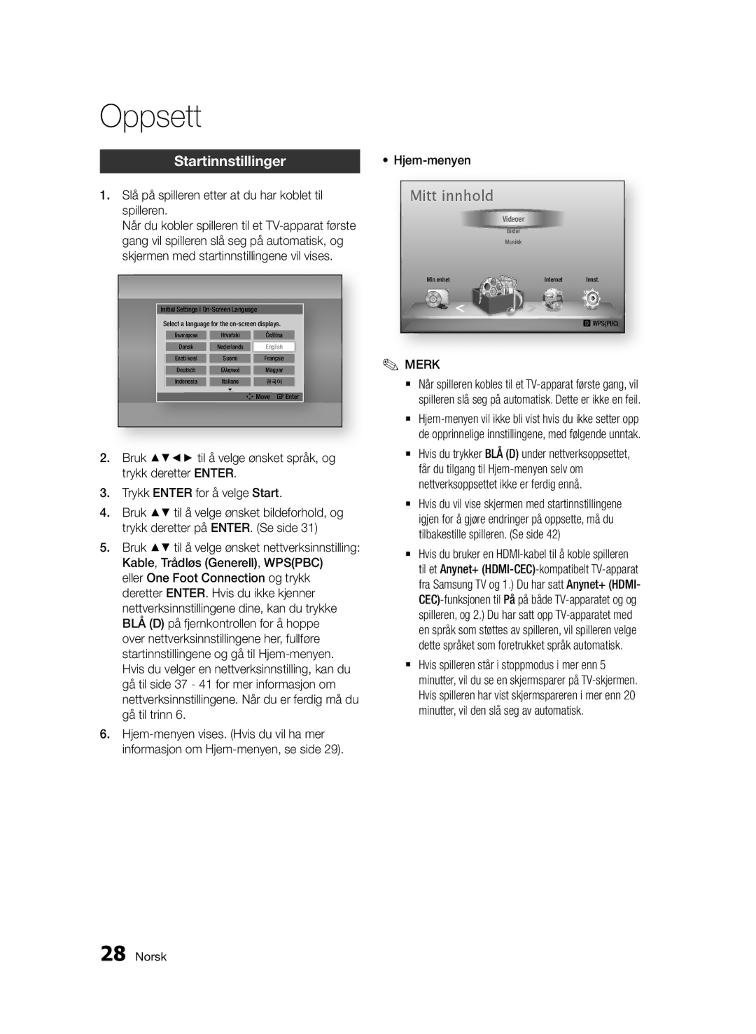 Samsung BD-D6500/XE manual Oppsett, Startinnstillinger 