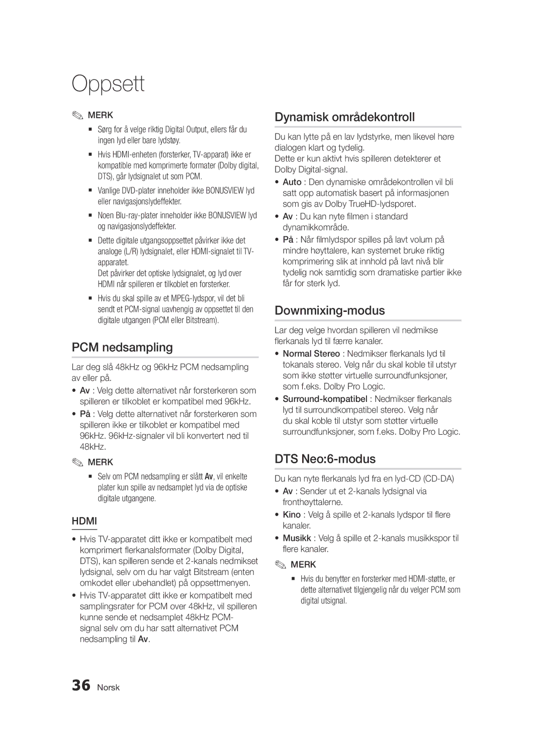 Samsung BD-D6500/XE manual PCM nedsampling, Dynamisk områdekontroll, Downmixing-modus, DTS Neo6-modus 