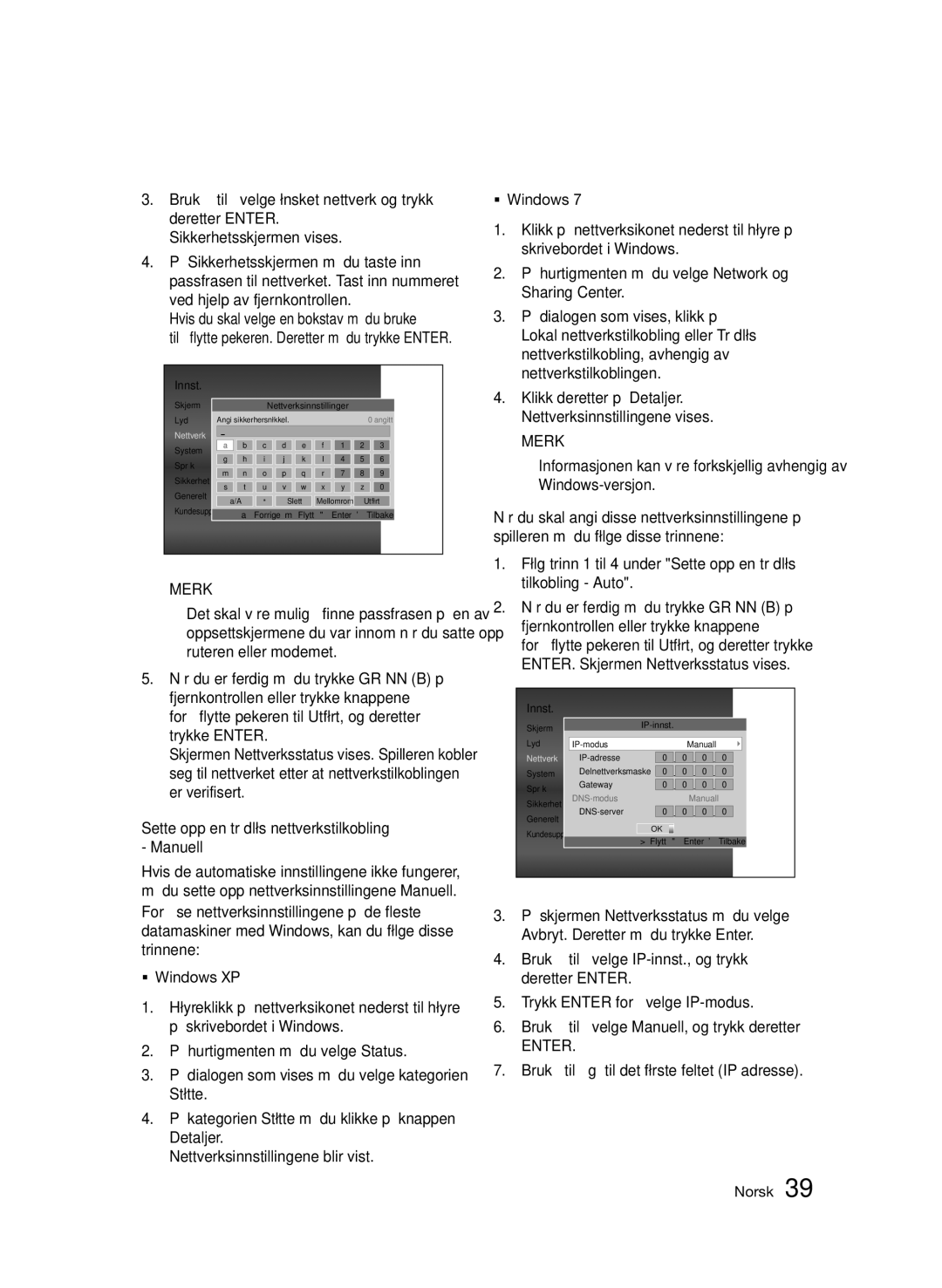 Samsung BD-D6500/XE manual Sette opp en trådløs nettverkstilkobling Manuell 