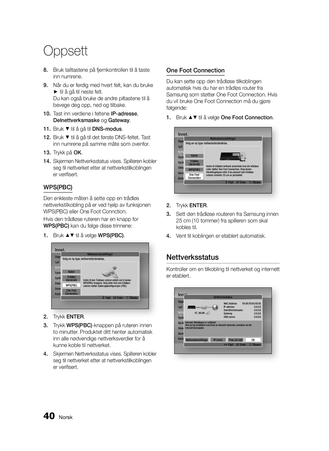 Samsung BD-D6500/XE manual Nettverksstatus, Bruk til å velge Wpspbc, Trykk Enter 