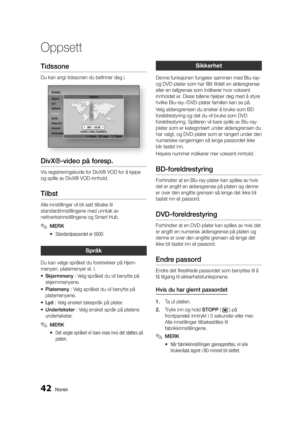 Samsung BD-D6500/XE manual Tidssone, DivX-video på foresp, Tilbst, BD-foreldrestyring, DVD-foreldrestyring, Endre passord 