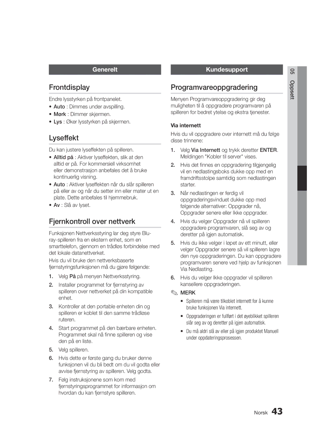 Samsung BD-D6500/XE manual Frontdisplay, Lyseffekt, Fjernkontroll over nettverk, Programvareoppgradering 