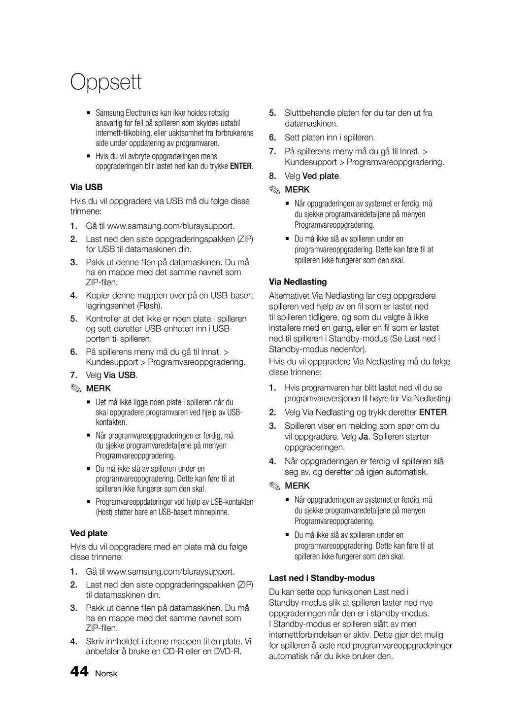 Samsung BD-D6500/XE manual Velg Via USB, Velg Ved plate, Via Nedlasting, Last ned i Standby-modus 