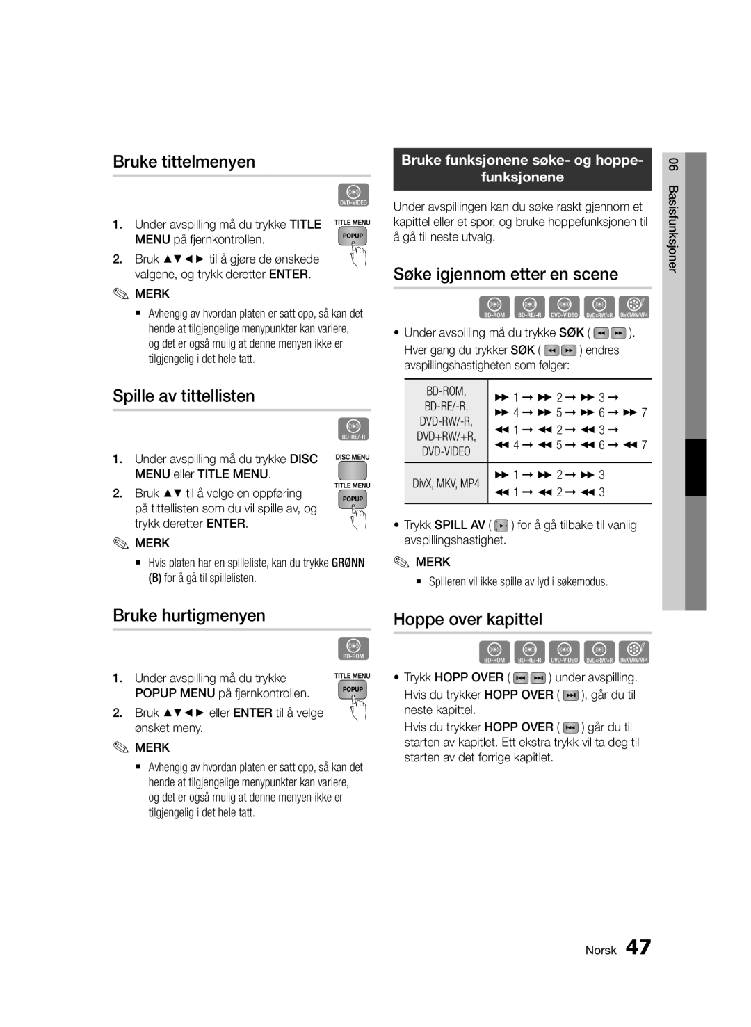 Samsung BD-D6500/XE manual Bruke tittelmenyen, Spille av tittellisten, Bruke hurtigmenyen, Søke igjennom etter en scene 