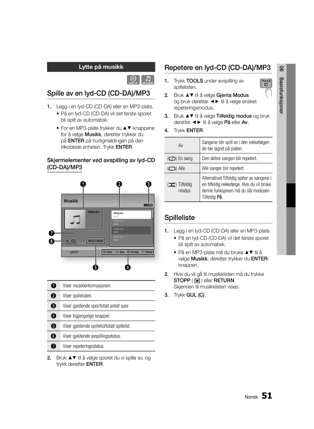 Samsung BD-D6500/XE manual Spille av en lyd-CD CD-DA/MP3, Repetere en lyd-CD CD-DA/MP3, Spilleliste, Lytte på musikk 