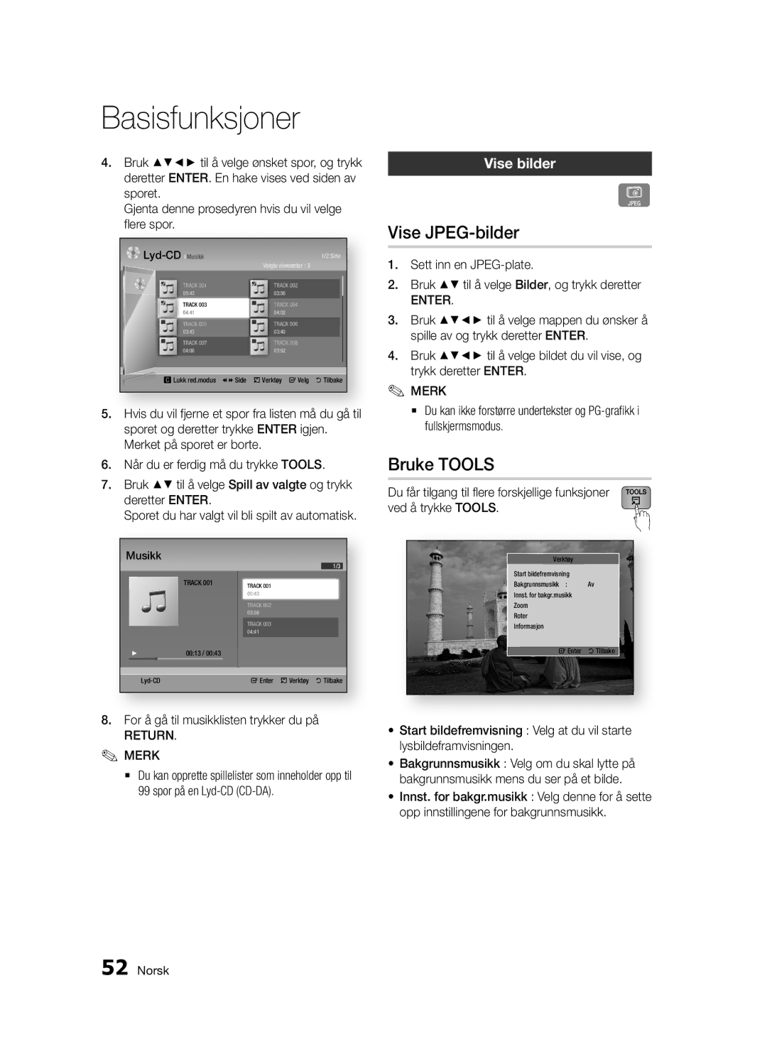 Samsung BD-D6500/XE manual Vise JPEG-bilder, Bruke Tools, Vise bilder, For å gå til musikklisten trykker du på, Return Merk 