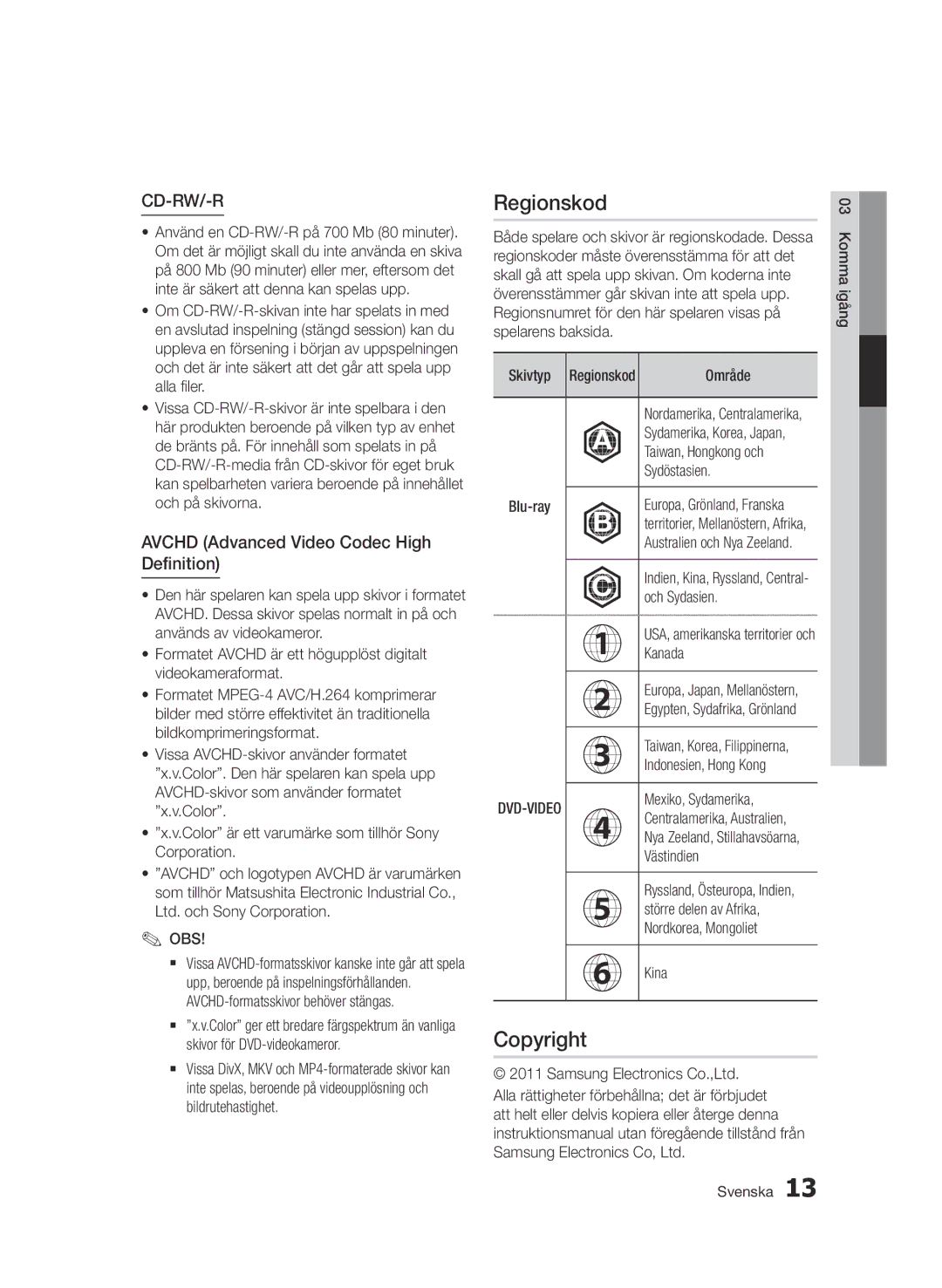 Samsung BD-D6500/XE manual Regionskod, Copyright, Avchd Advanced Video Codec High Definition 