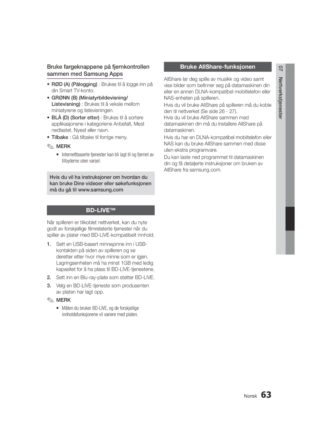 Samsung BD-D6500/XE manual Bruke AllShare-funksjonen, Tilbake Gå tilbake til forrige meny 