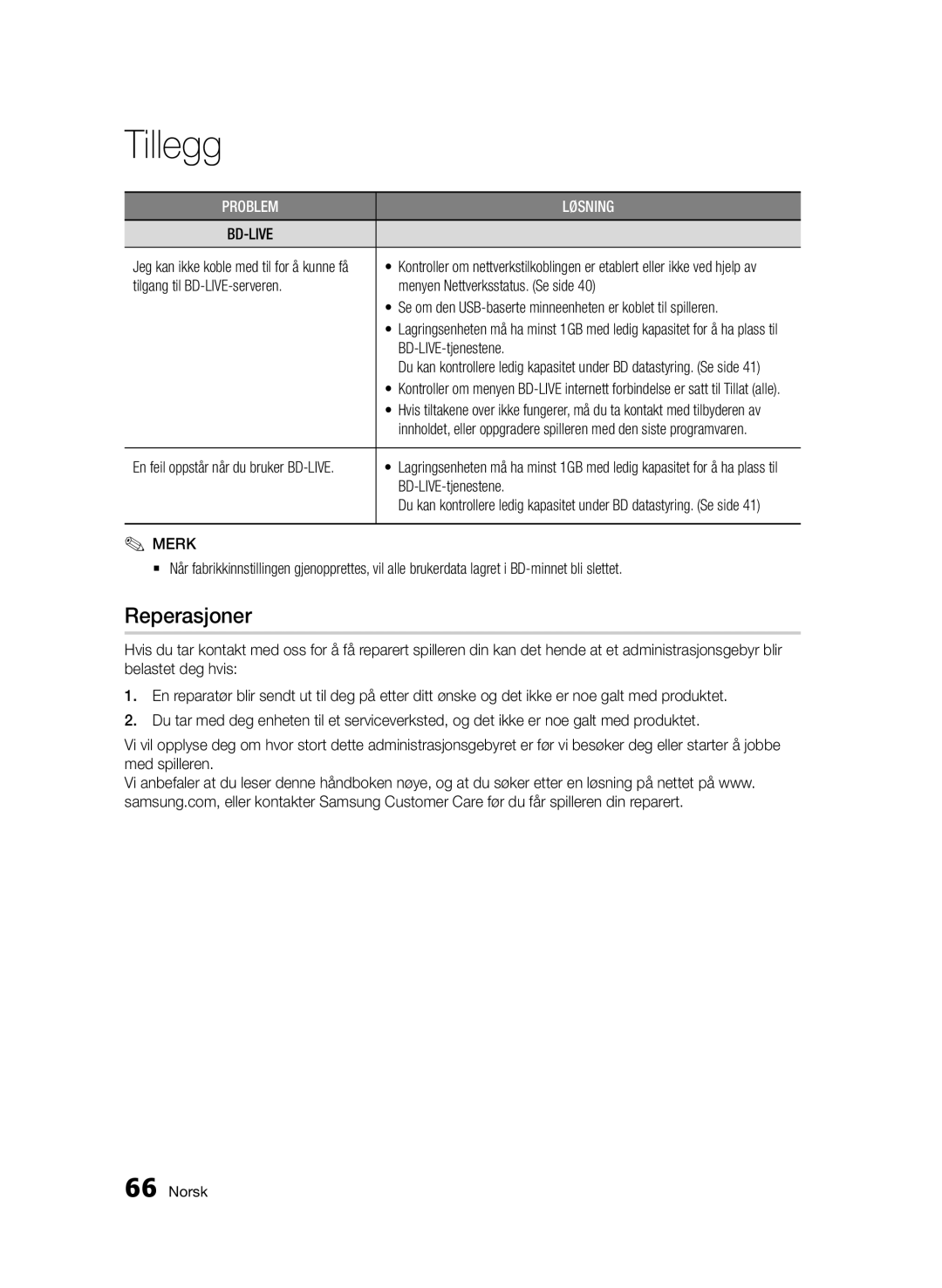 Samsung BD-D6500/XE manual Reperasjoner, BD-LIVE-tjenestene, Se om den USB-baserte minneenheten er koblet til spilleren 