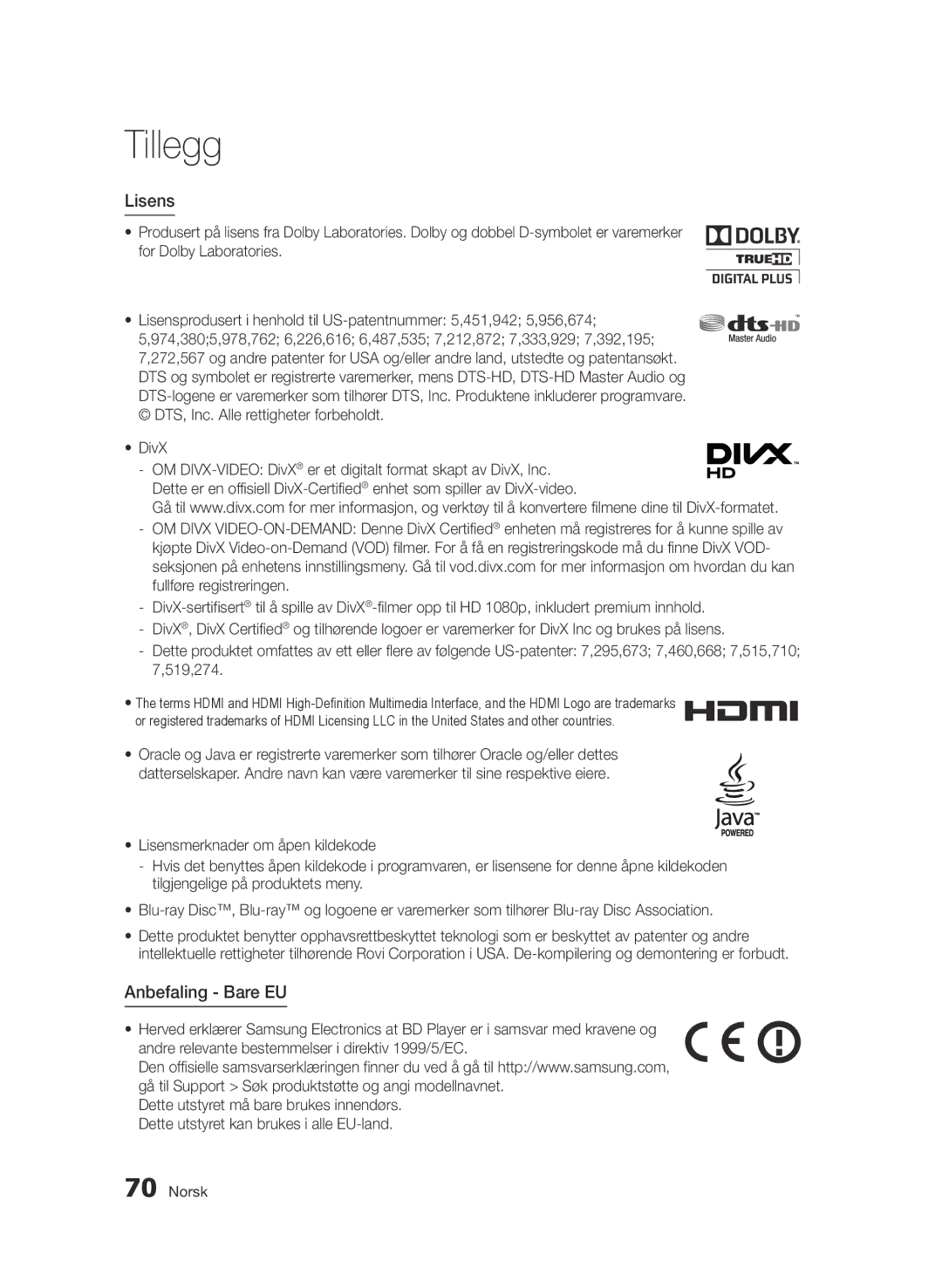 Samsung BD-D6500/XE manual Lisens, Anbefaling Bare EU 