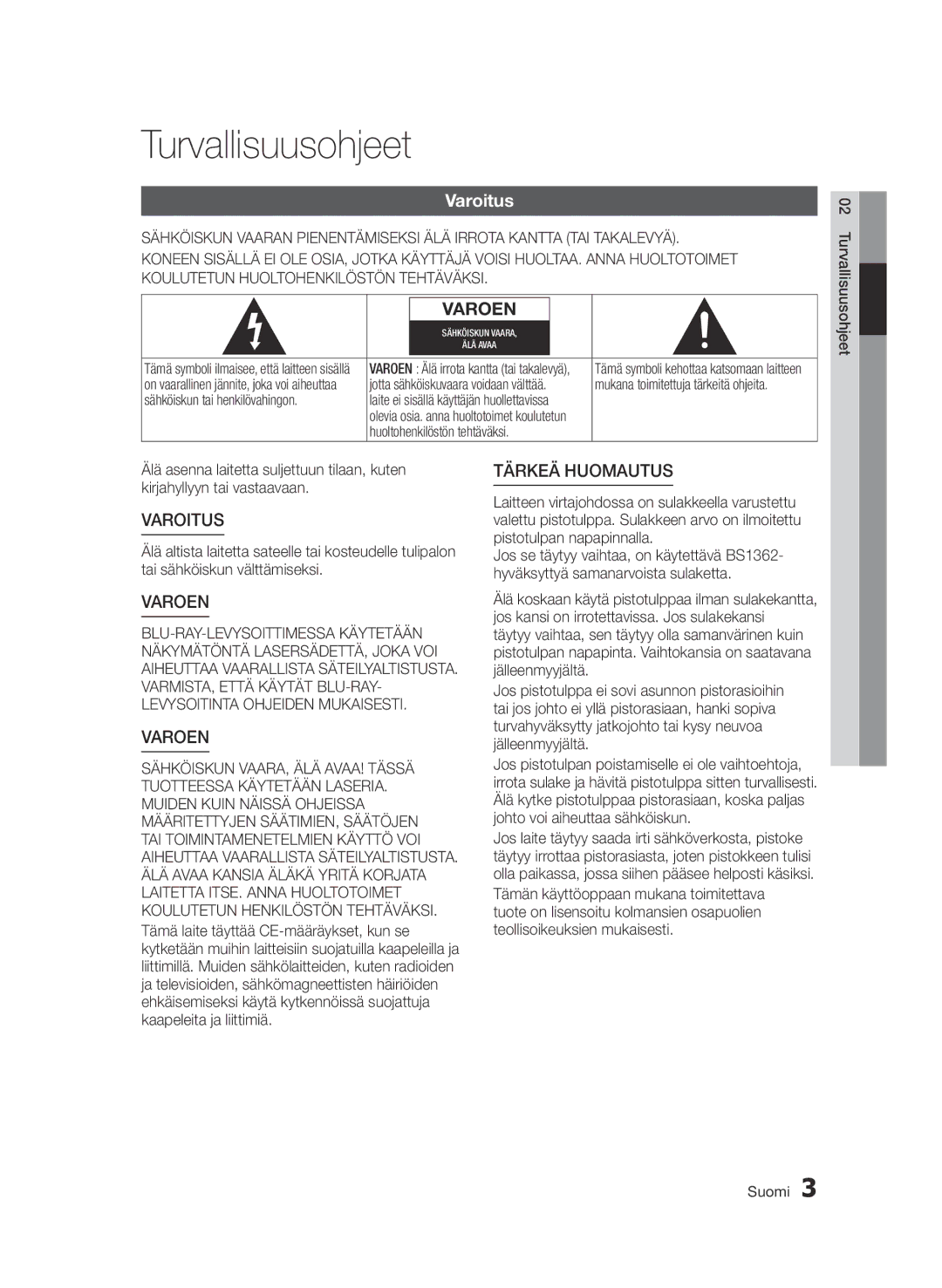 Samsung BD-D6500/XE manual Turvallisuusohjeet, Varoitus, Mukana toimitettuja tärkeitä ohjeita 