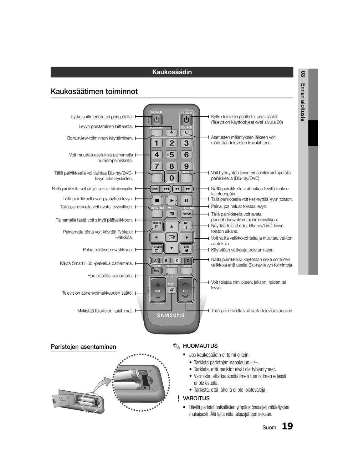 Samsung BD-D6500/XE manual Kaukosäätimen toiminnot, Kaukosäädin, Paristojen asentaminen, Varoitus 