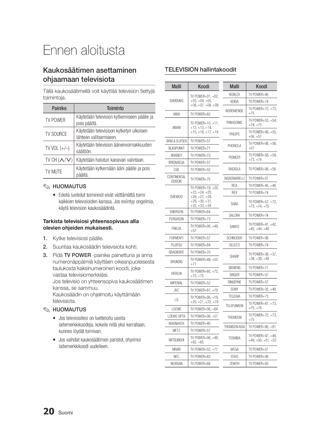 Samsung BD-D6500/XE manual Kaukosäätimen asettaminen ohjaamaan televisiota, Television hallintakoodit 