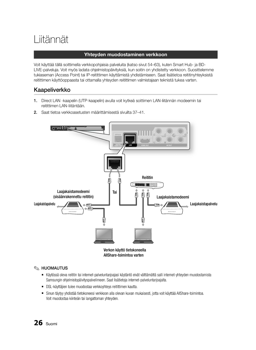 Samsung BD-D6500/XE manual Kaapeliverkko, Yhteyden muodostaminen verkkoon, Tai Laajakaistamodeemi, Laajakaistapalvelu 