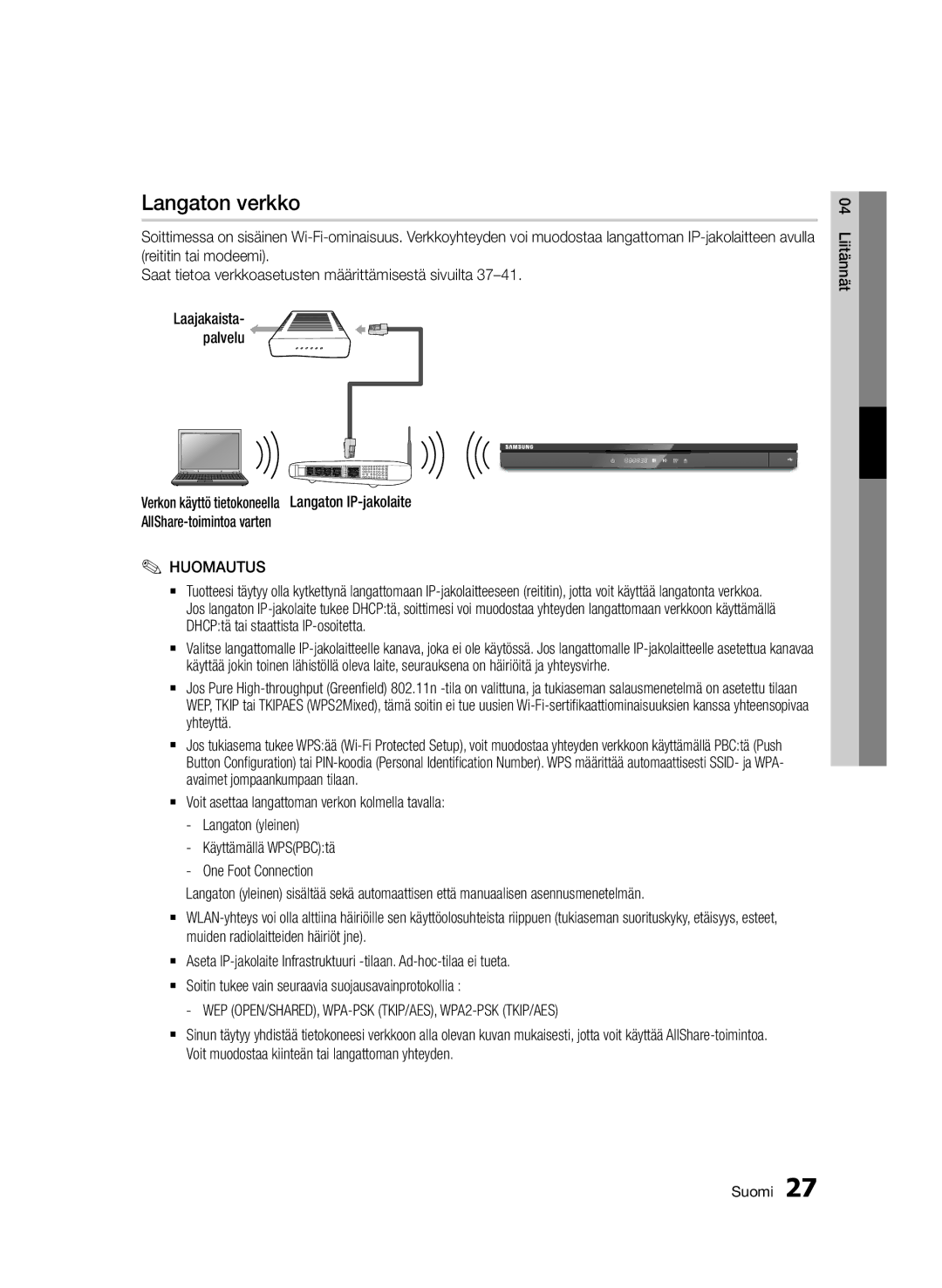 Samsung BD-D6500/XE manual Langaton verkko, Laajakaista- palvelu 