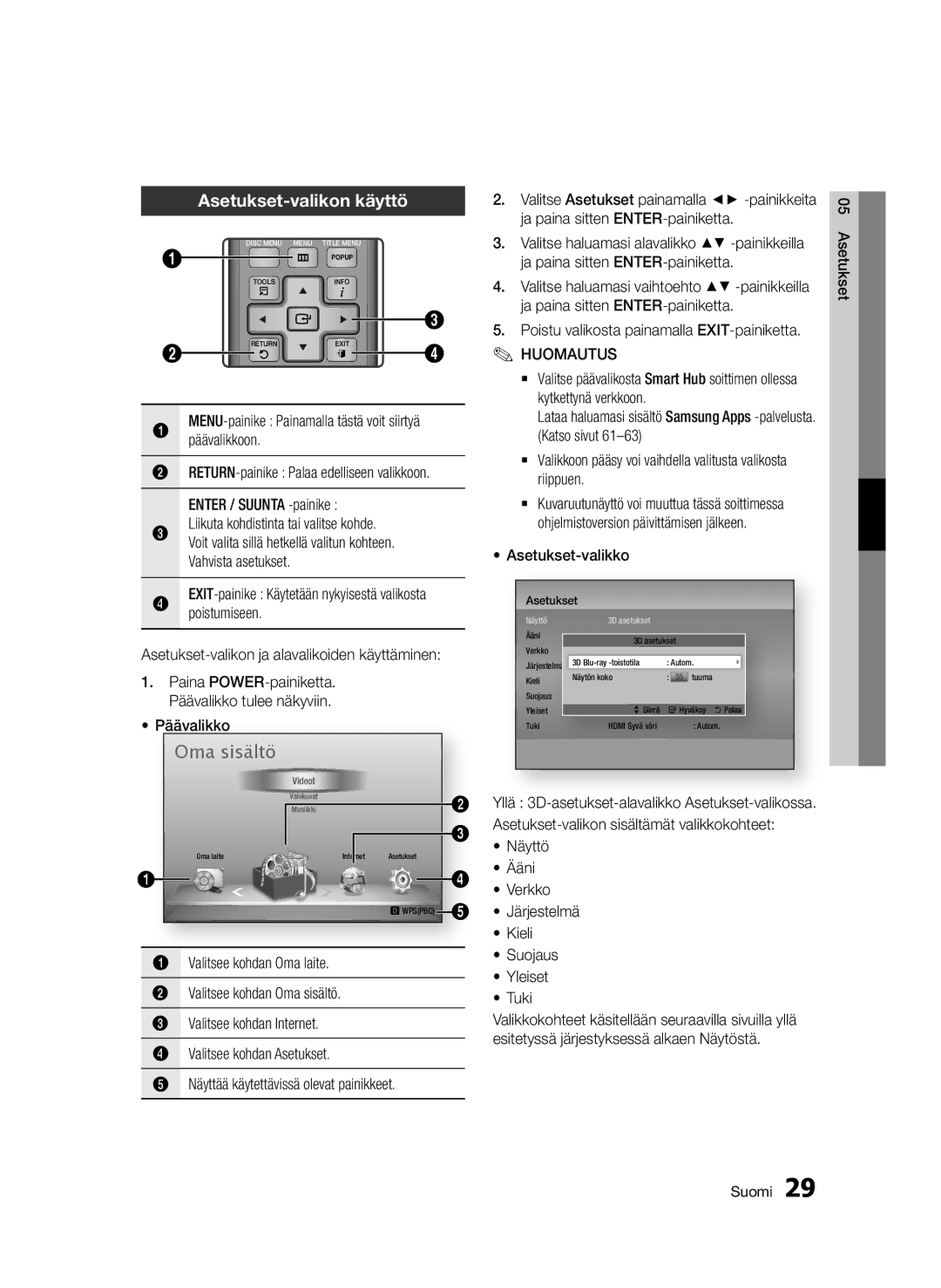 Samsung BD-D6500/XE manual Asetukset-valikon käyttö 