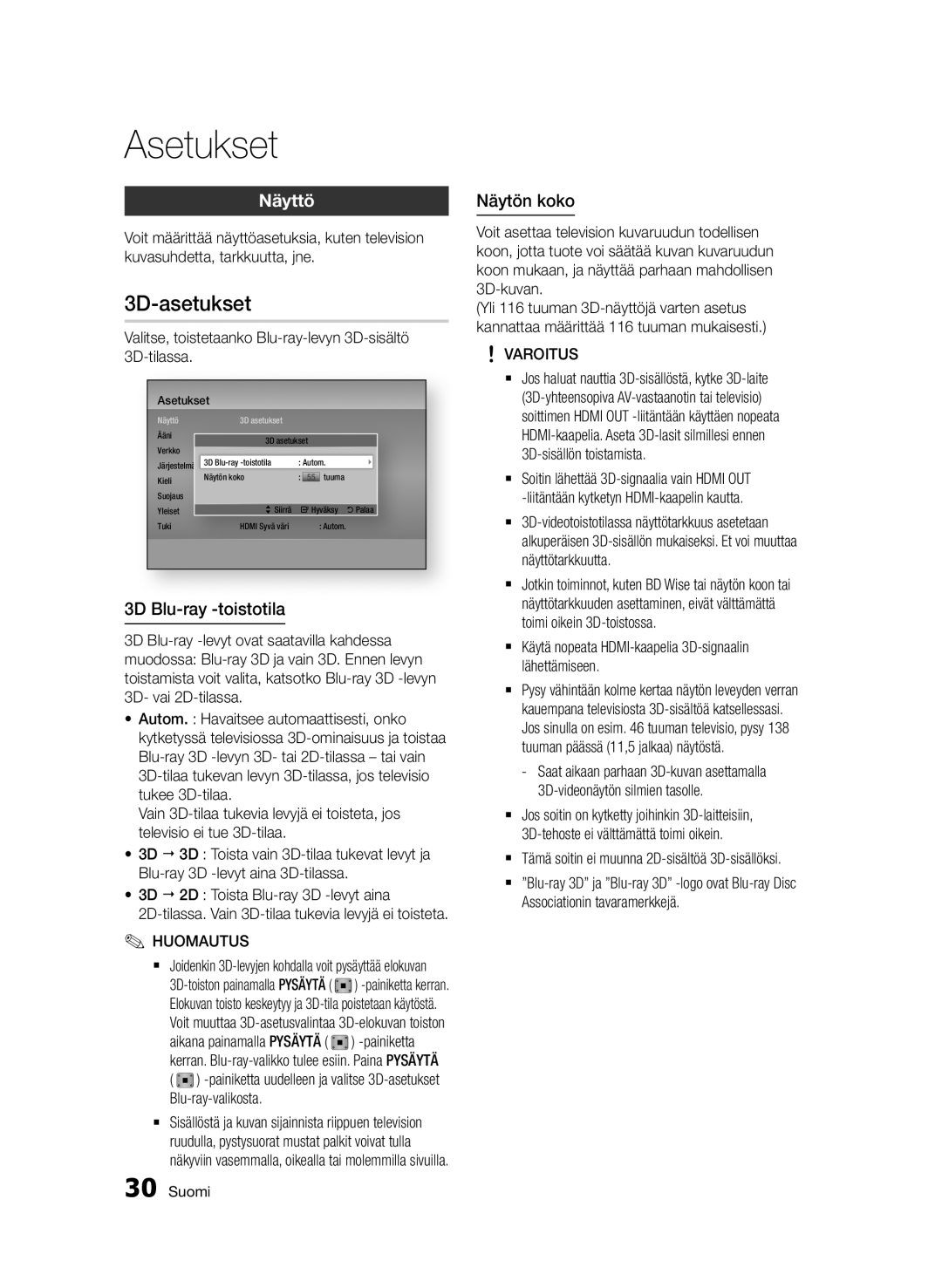 Samsung BD-D6500/XE manual 3D-asetukset, Näyttö, 3D Blu-ray -toistotila, Näytön koko 