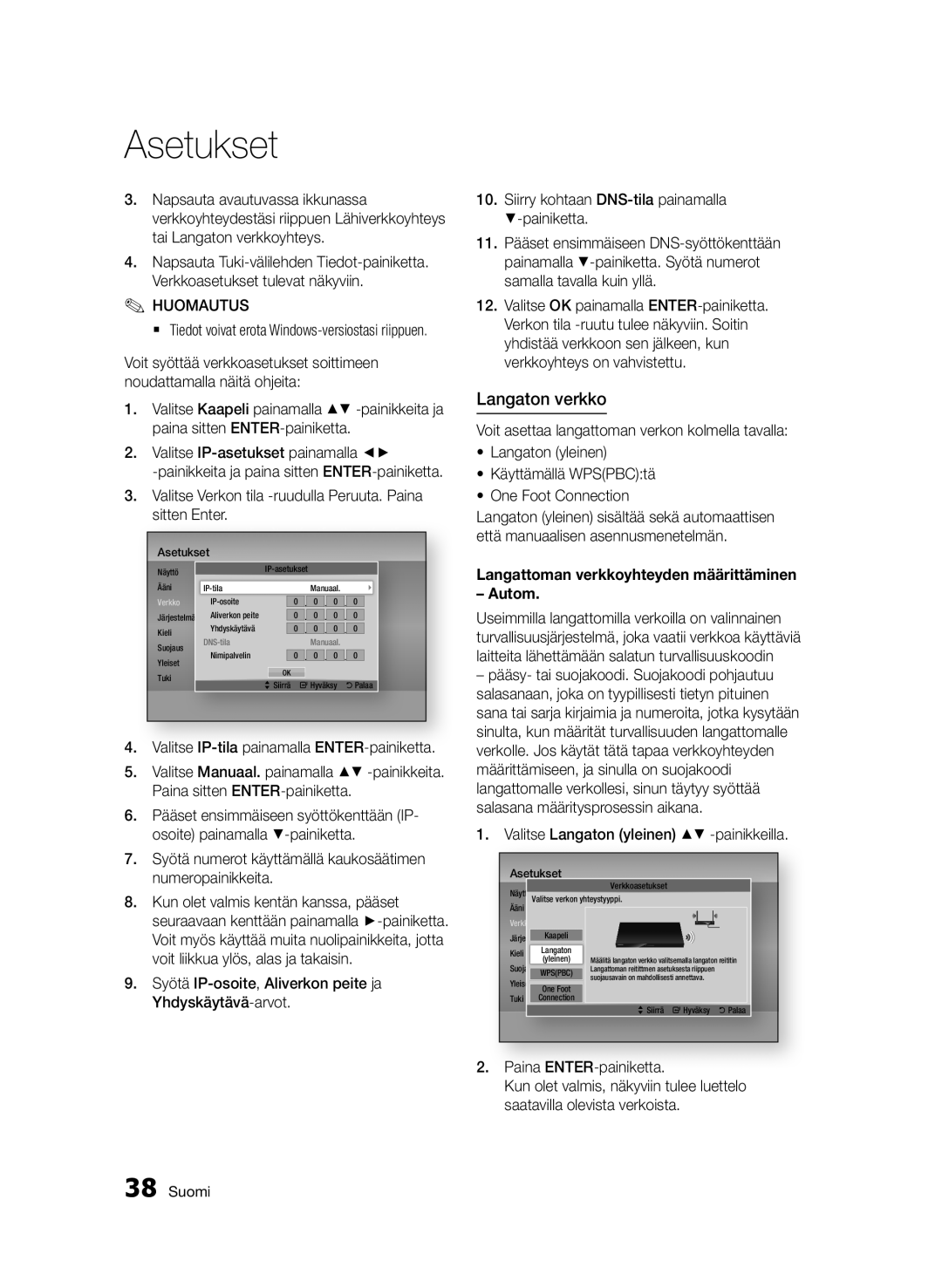 Samsung BD-D6500/XE Langaton verkko, Valitse IP-tila painamalla ENTER-painiketta, Valitse Langaton yleinen -painikkeilla 